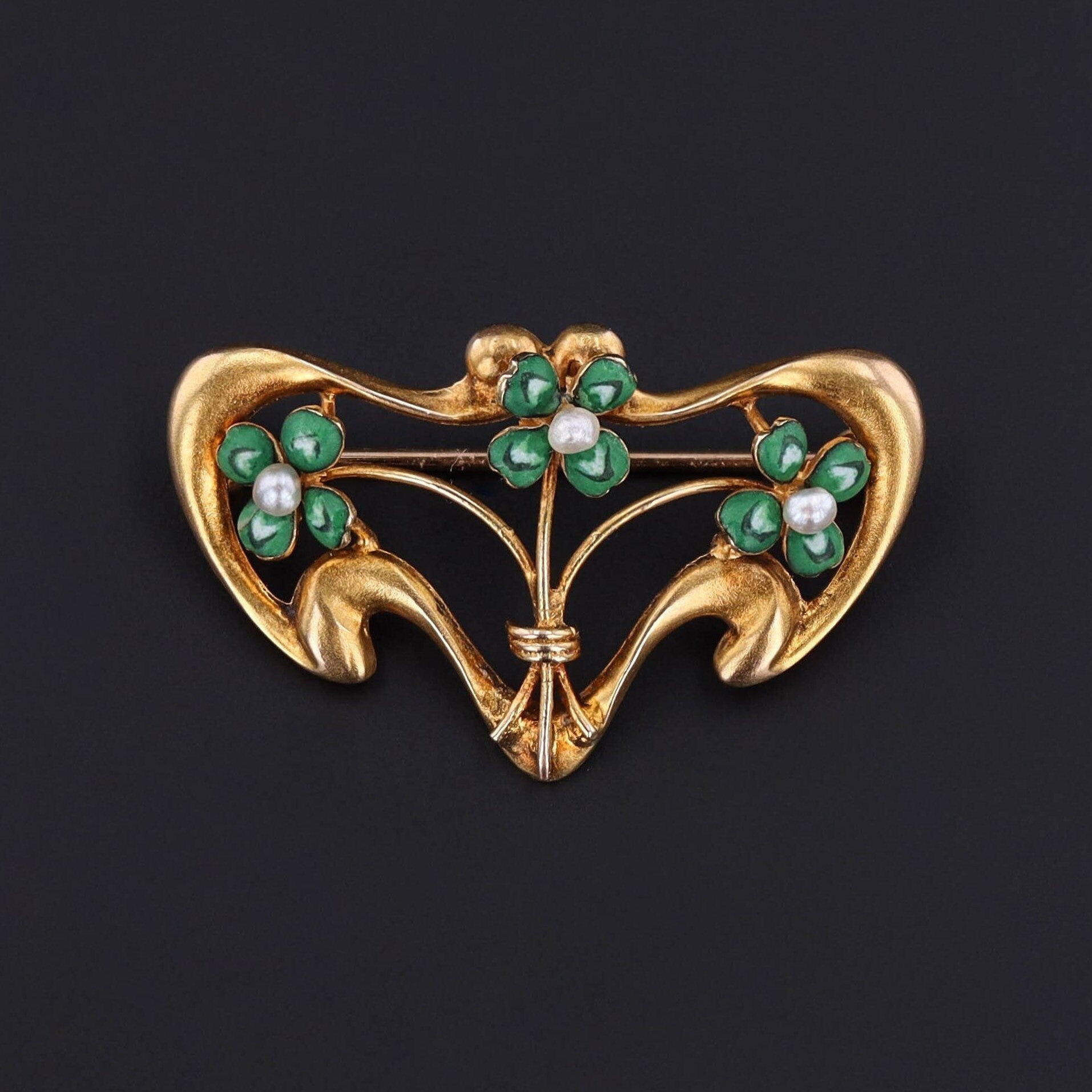 Vintage Enamel Clover Brooch of 10k Gold