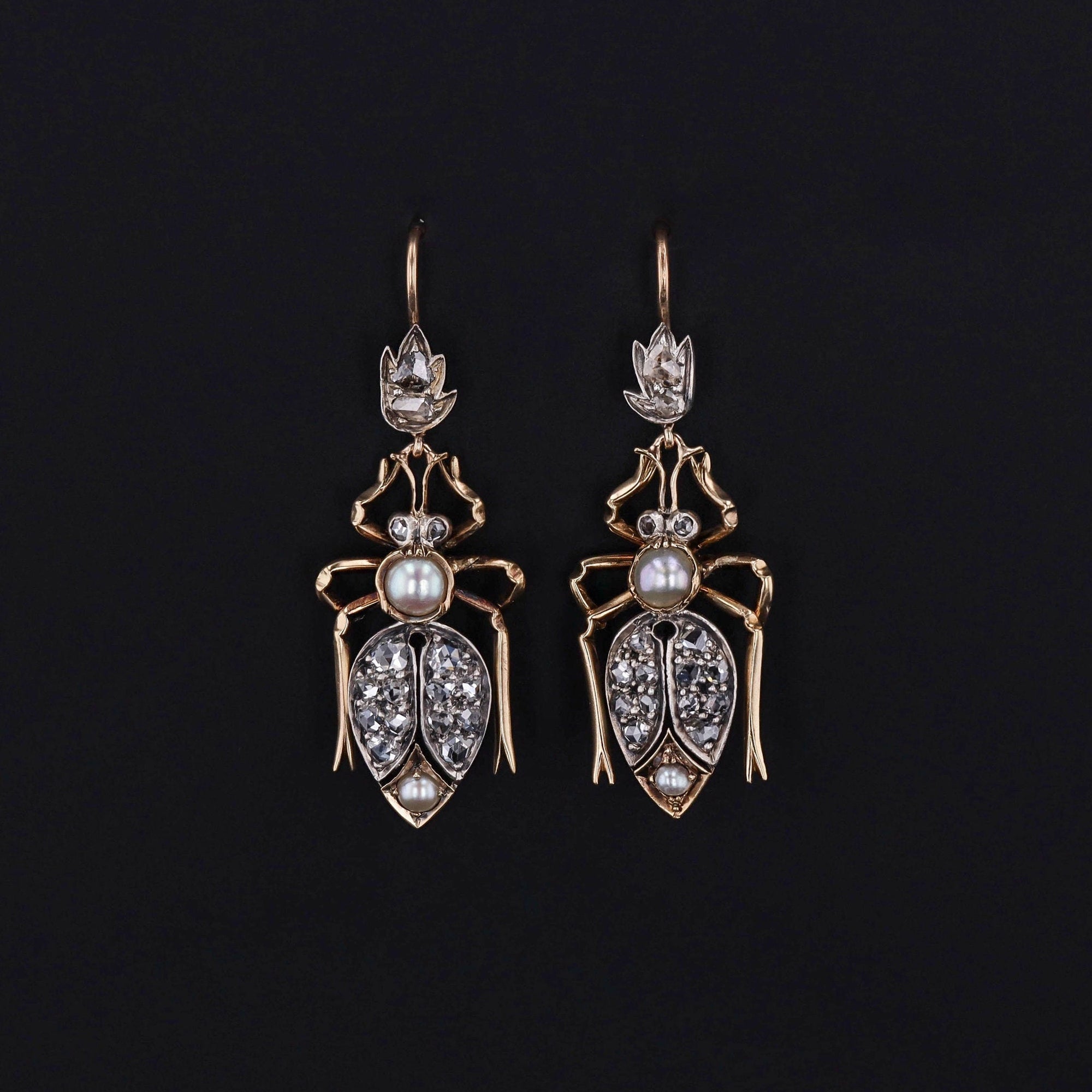 Antique Diamond Insect Earrings of 14k Gold