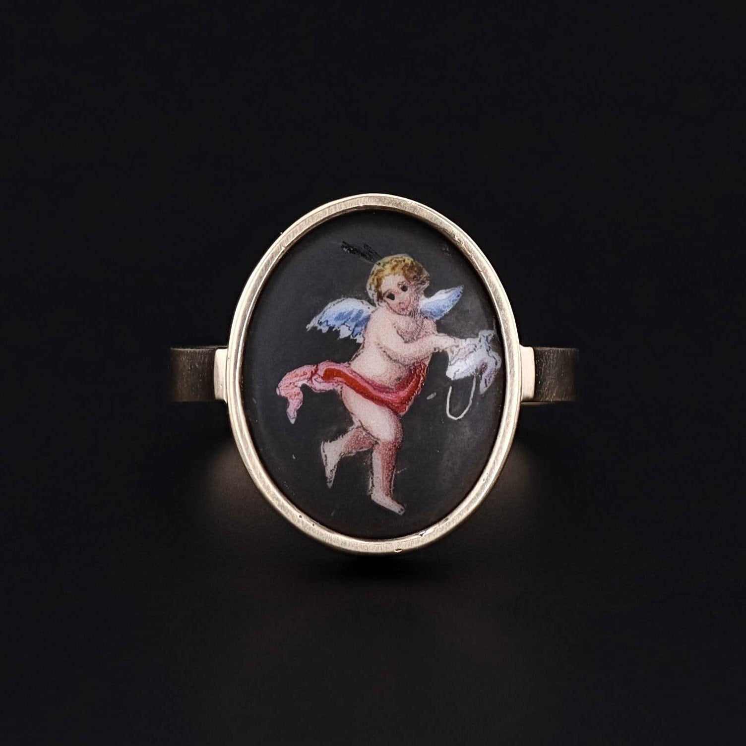 Antique Enamel Cherub Conversion Ring of 14k Gold