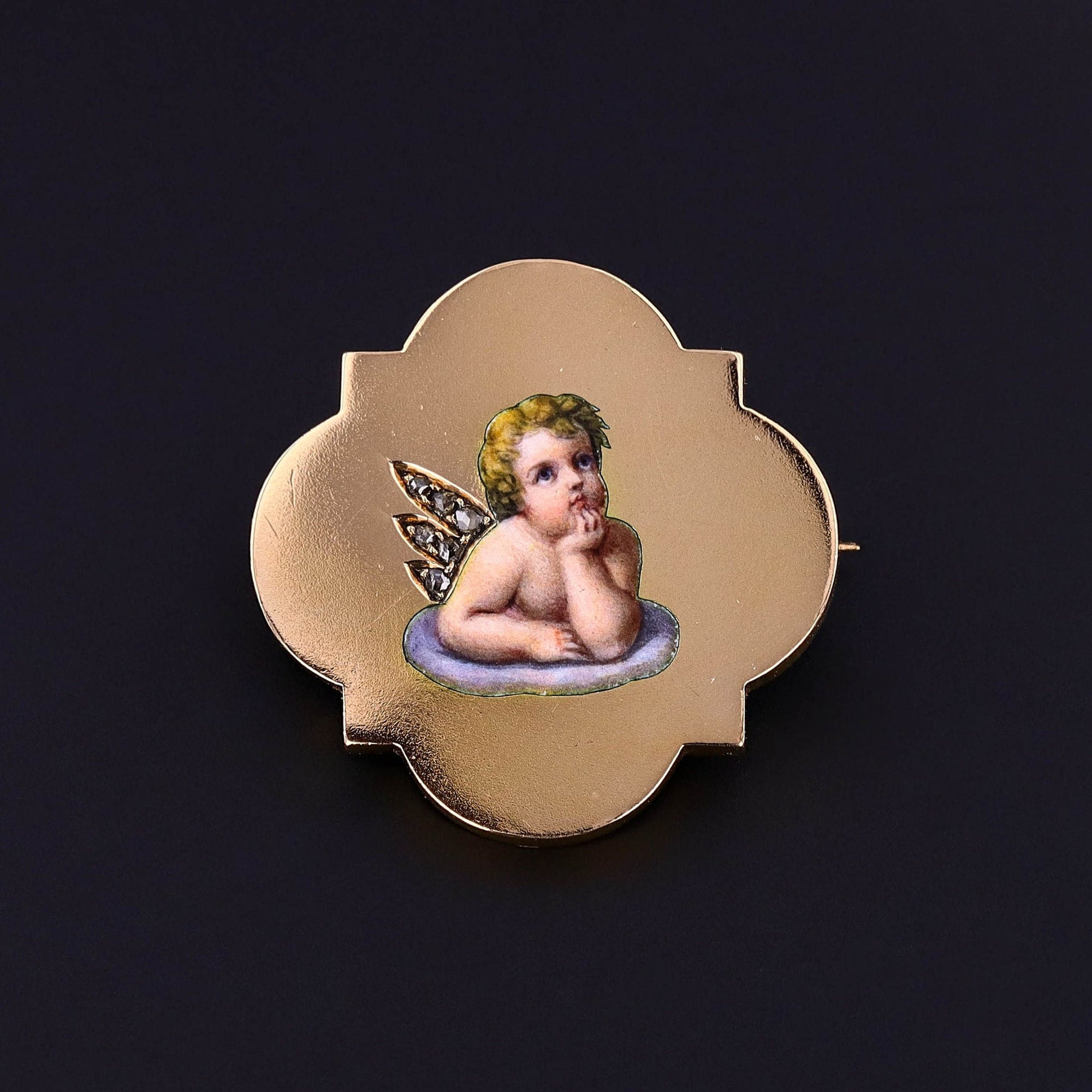 Antique Enamel Cherub Brooch of 18k Gold