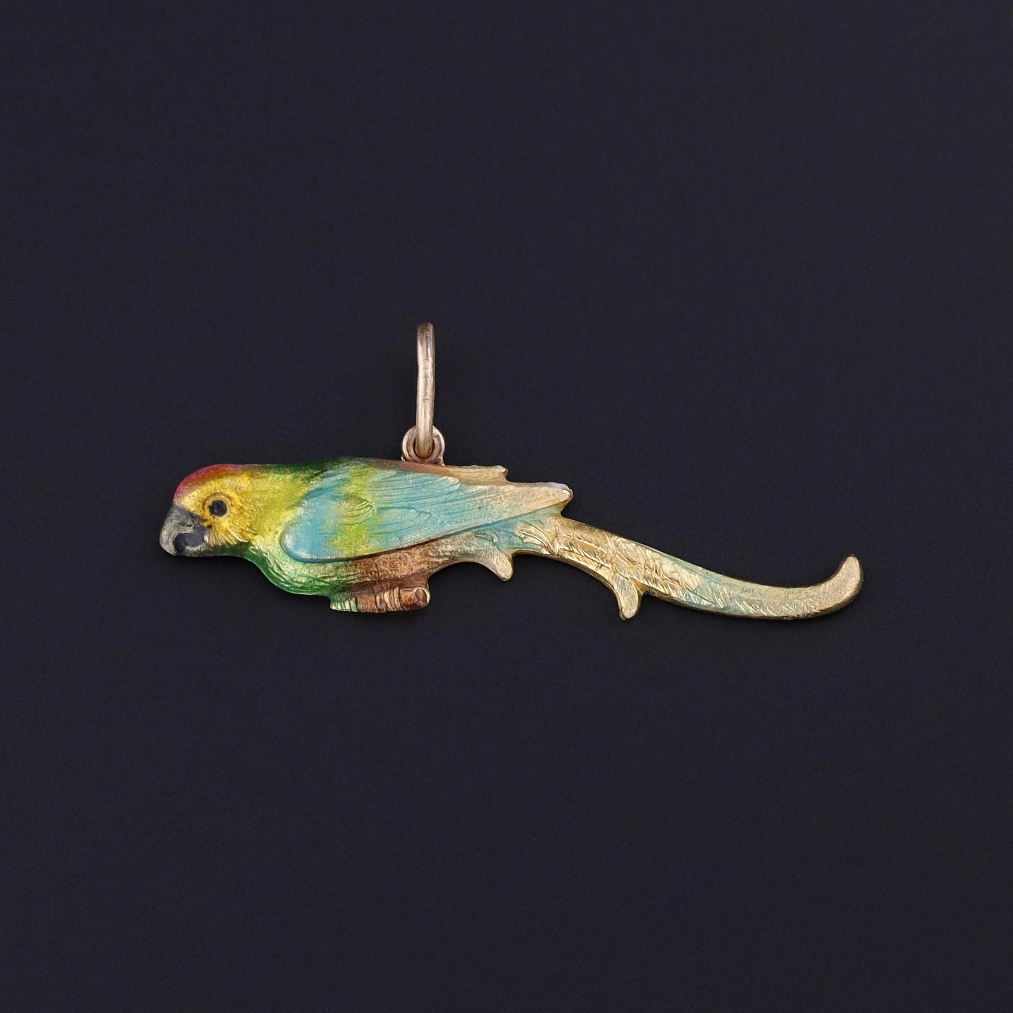 Antique Enamel Parrot Conversion Charm of 14k Gold