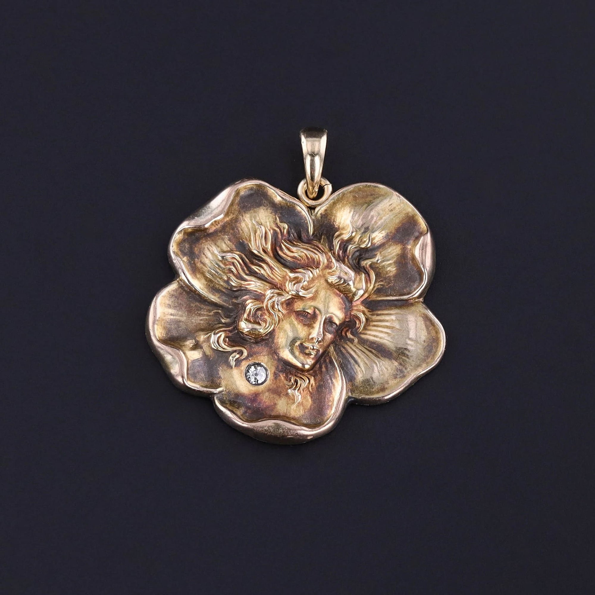 Art Nouveau Woman in Flower Pendant of 10k Gold