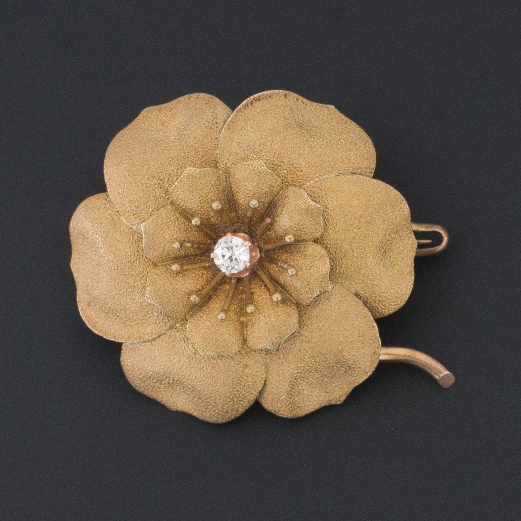 Antique Diamond Flower Brooch of 14k Gold