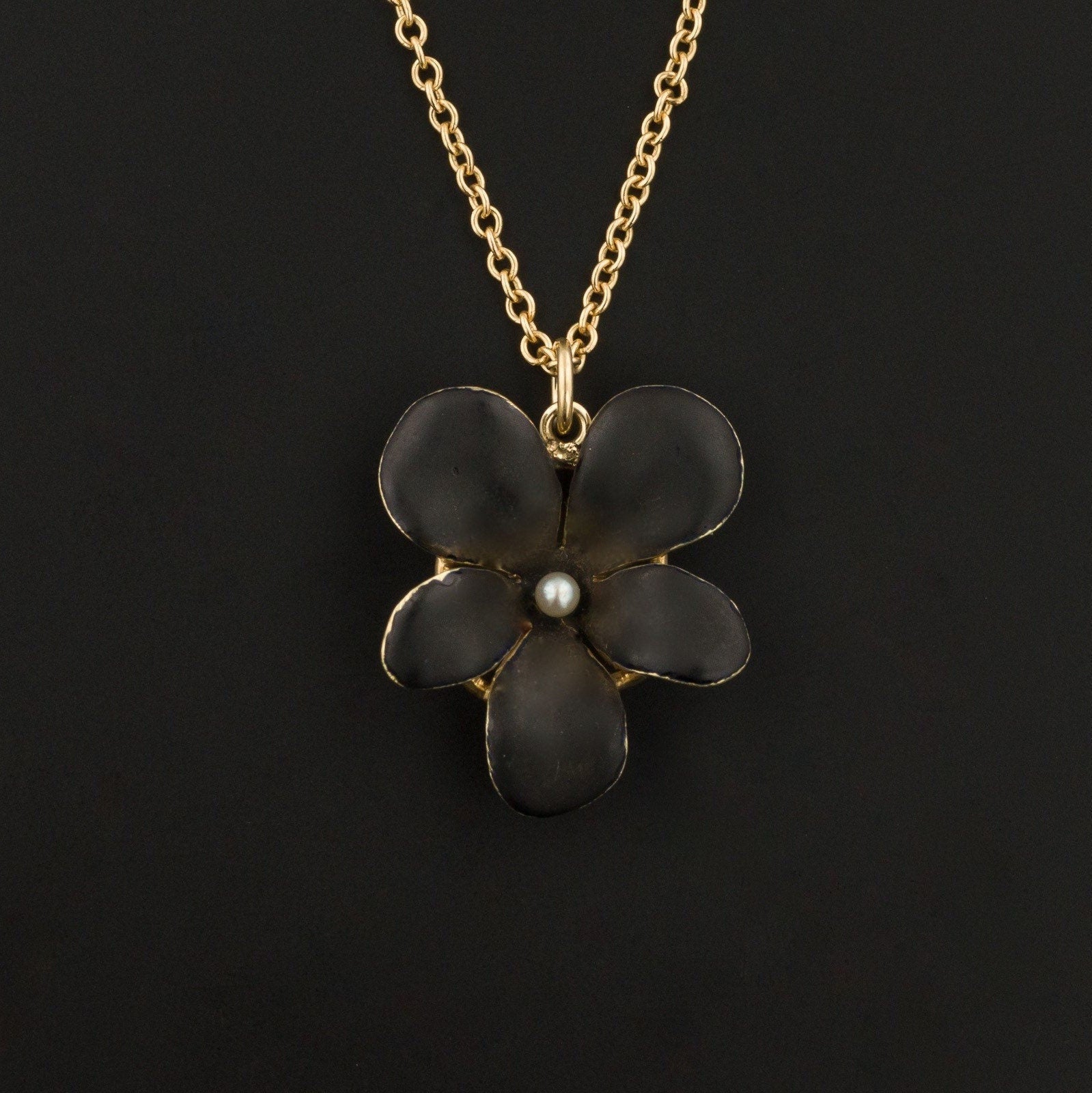 Antique Black Enamel Violet Pendant of 14k Gold