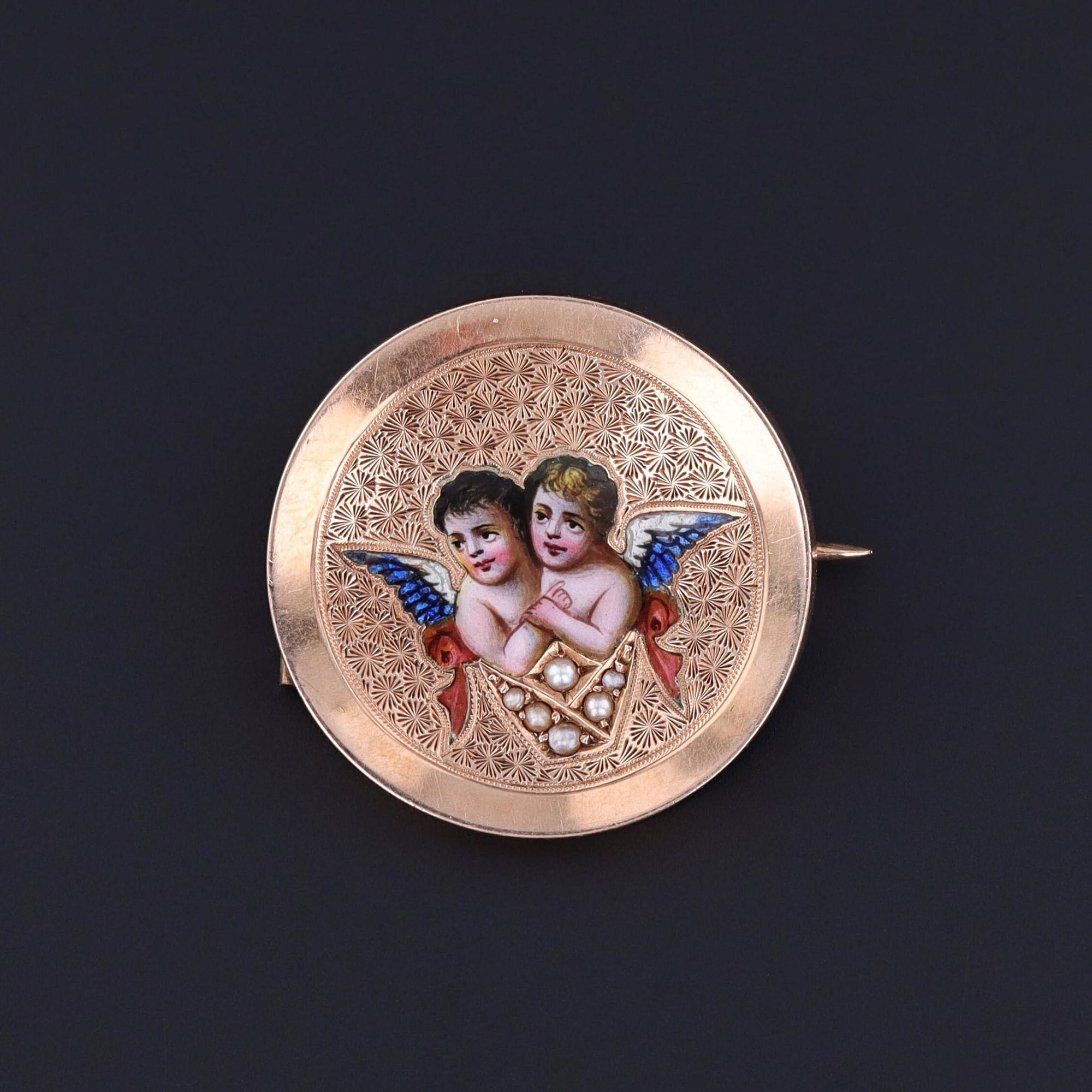 Antique Enamel Cherub Brooch of 14k Gold