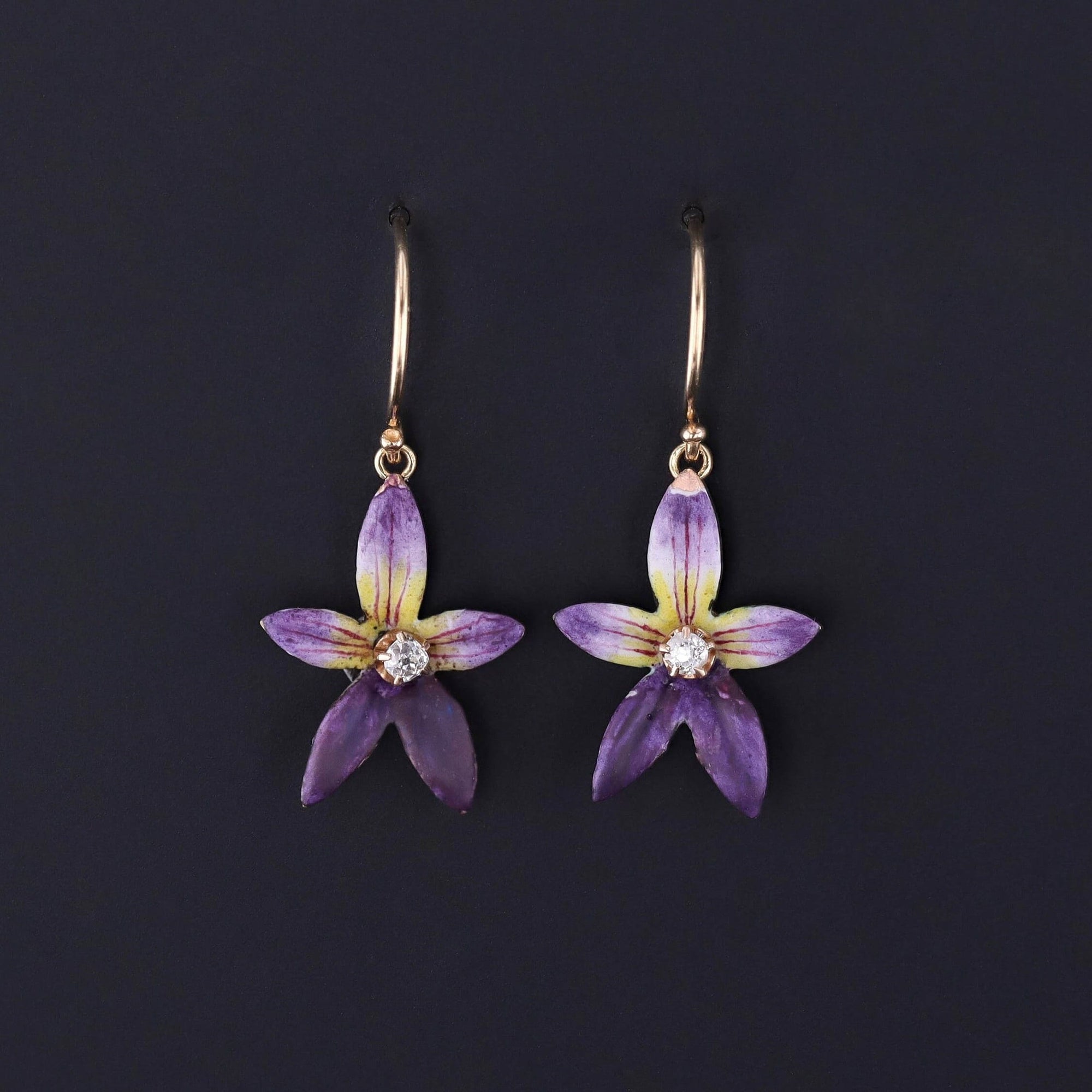 Antique Enamel Violet Conversion Earrings of 14k Gold