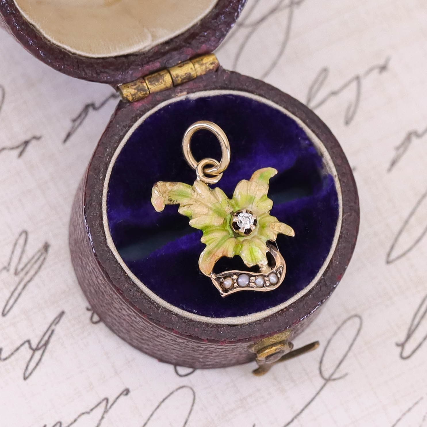 Antique Enamel Leaf Conversion Charm of 10k Gold