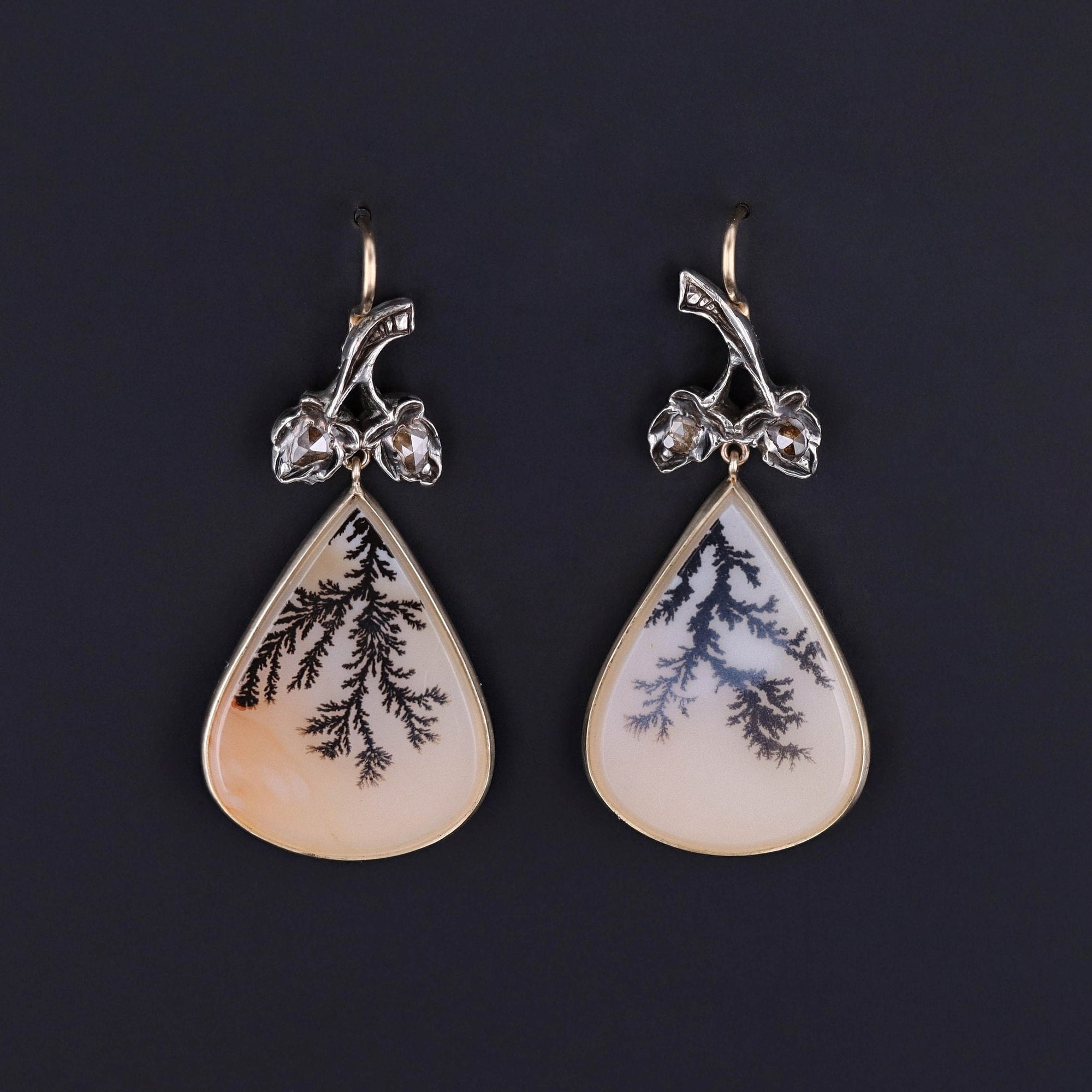 Dendritic Agate and Diamond Earrings of 14k Gold