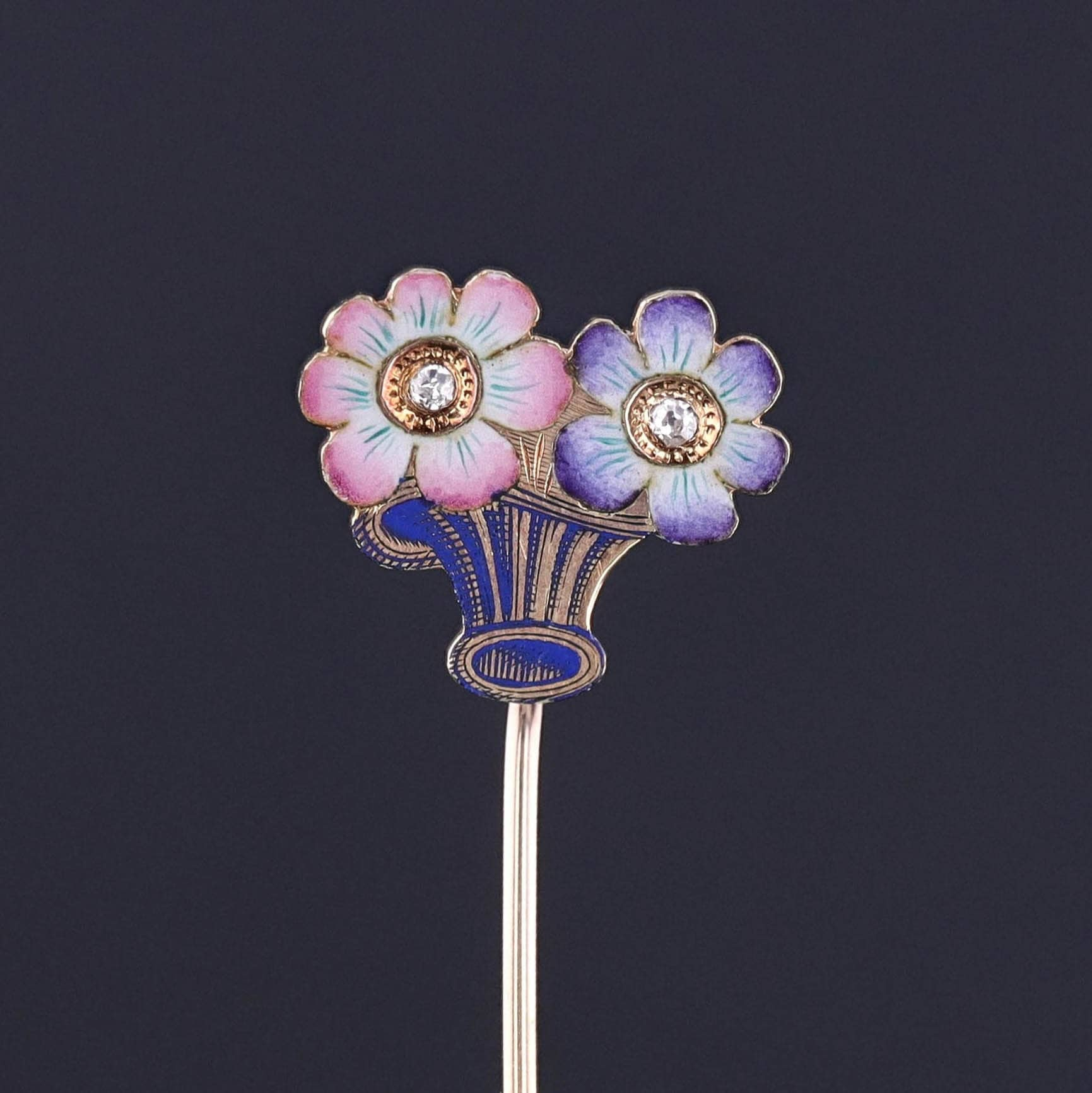 Antique Enamel & Diamond Flower Basket Stick Pin of 14k Gold