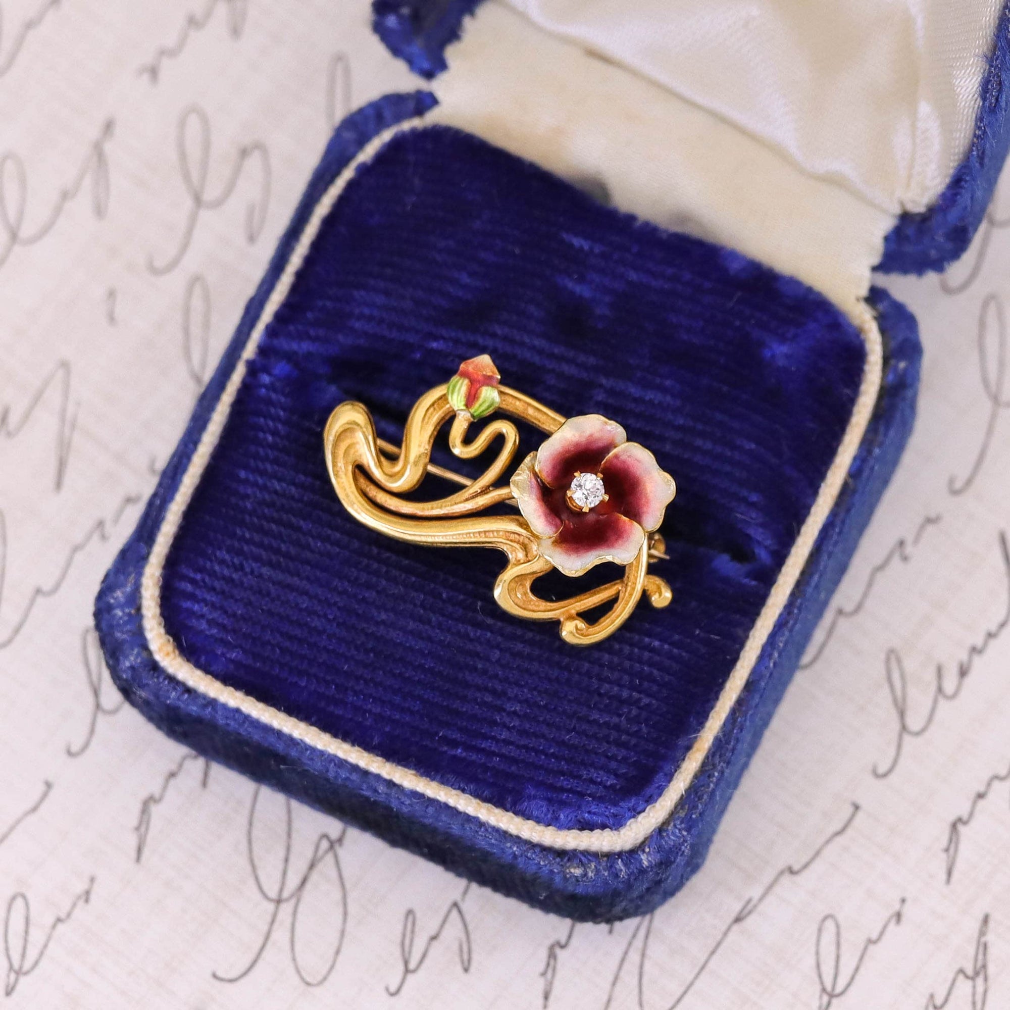 Antique Enamel Flower Brooch of 14k Gold