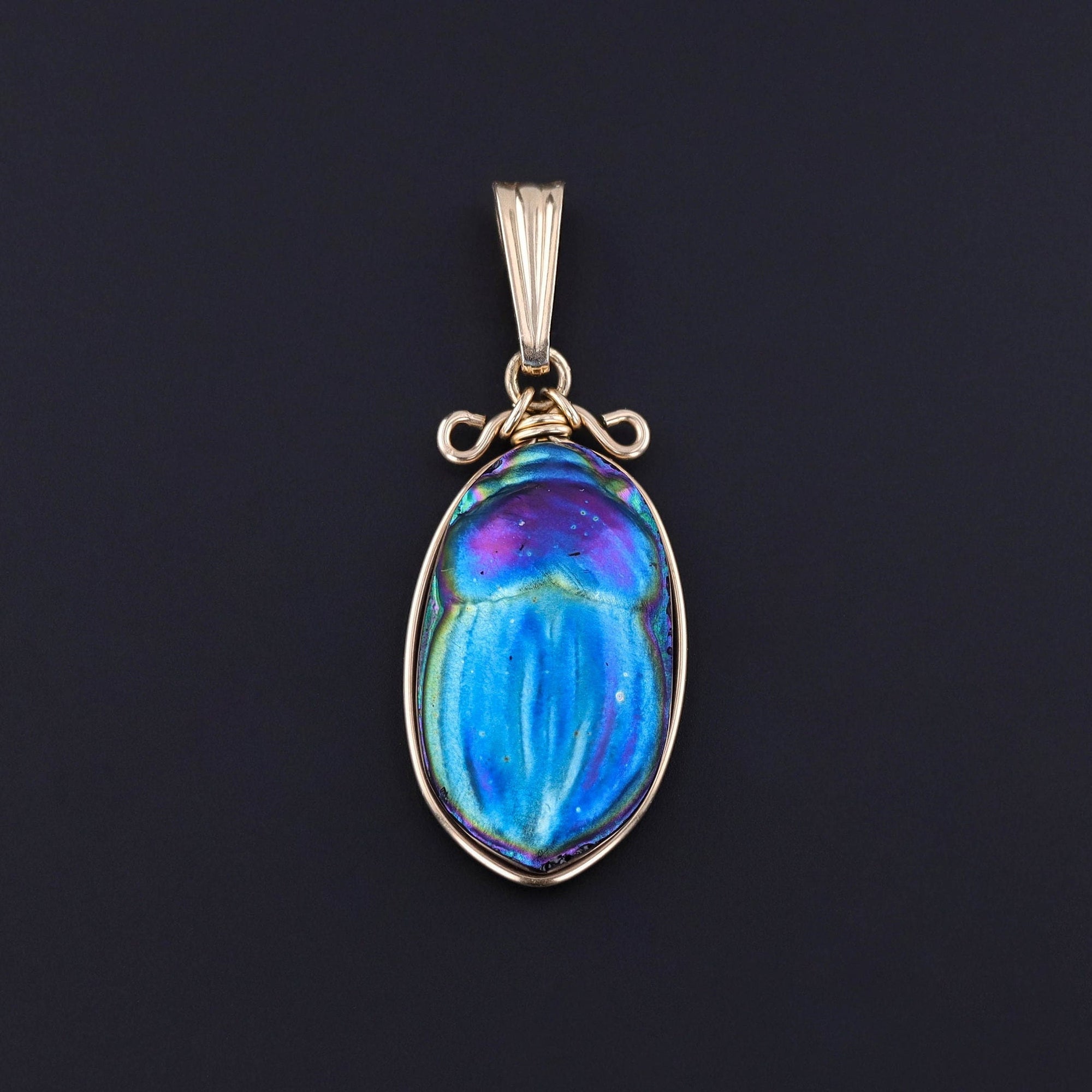 Vintage Iridescent Art Glass Scarab Pendant of 14k Gold