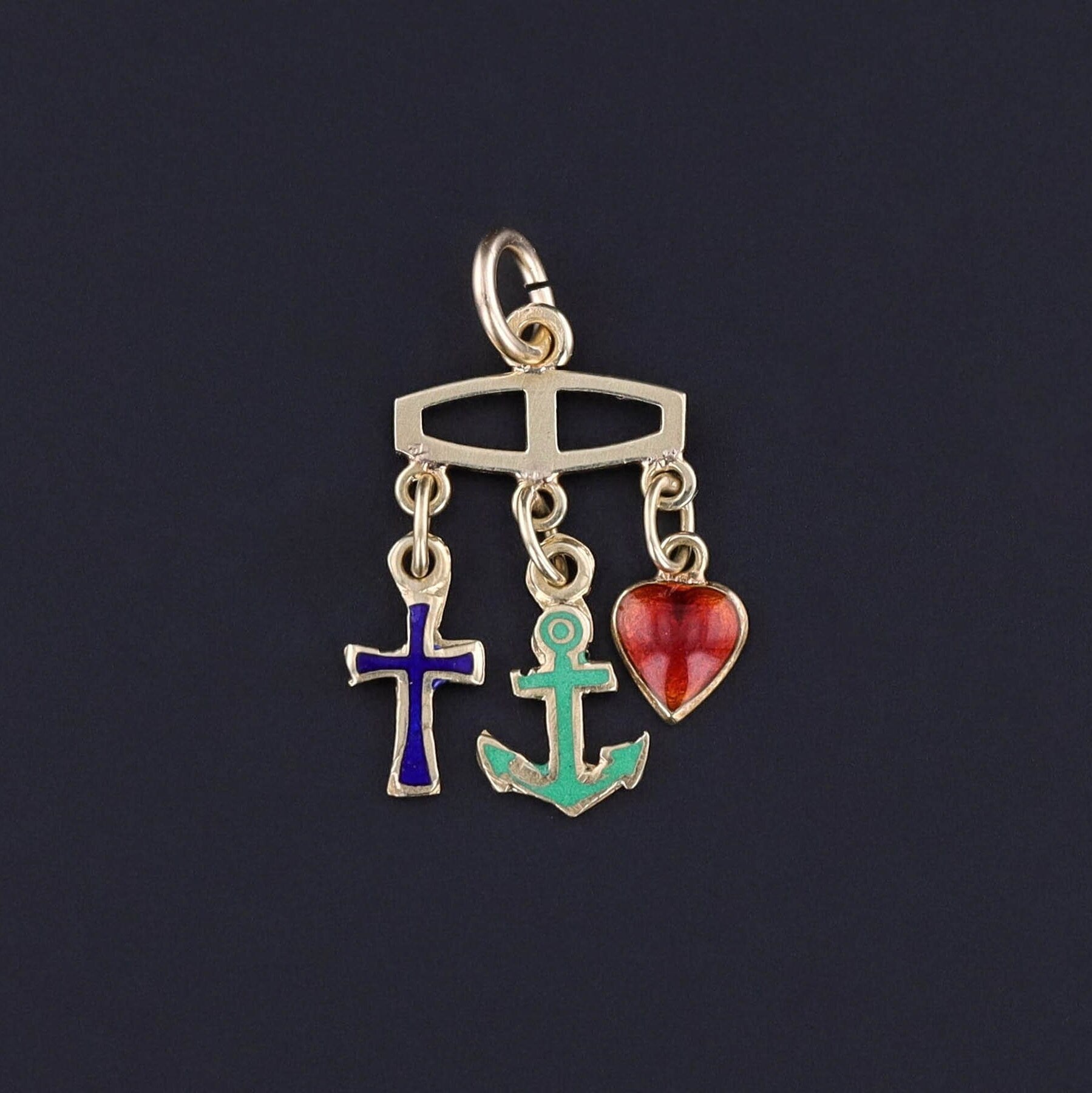 Vintage Faith, Hope, and Charity Enamel Charm of 14k Gold