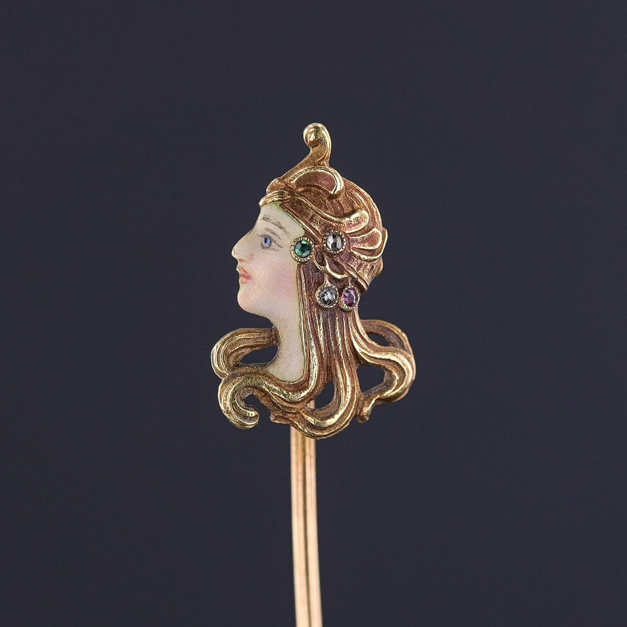 Antique French Enamel Woman Stickpin of 18k Gold