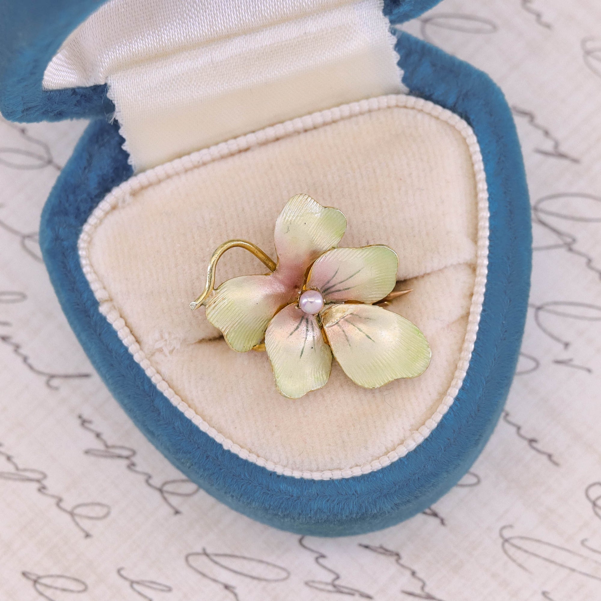 Antique Enamel Flower Brooch of 10k Gold