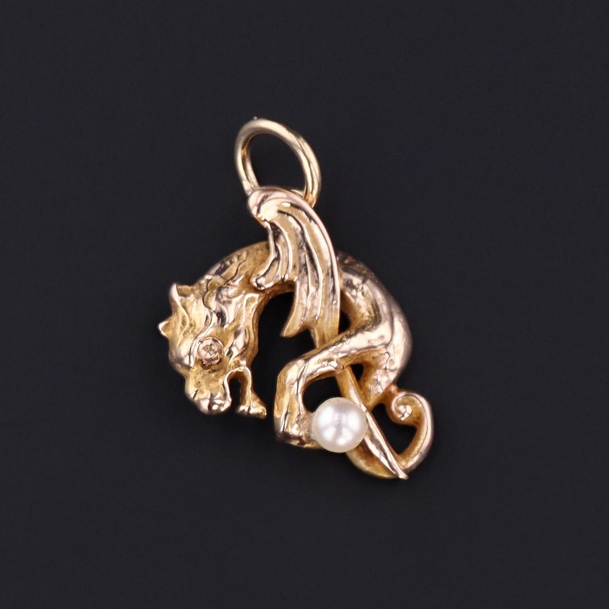 Antique Dragon with Pearl Conversion Charm of 14k Gold