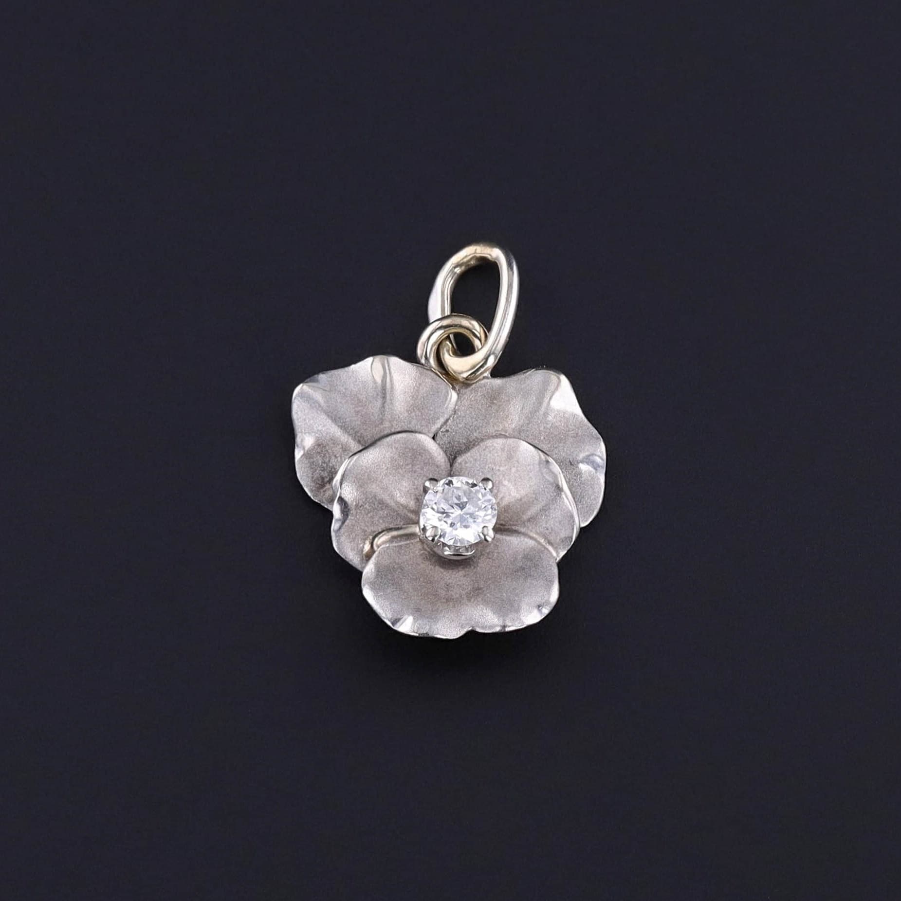 Vintage Diamond Pansy Charm of 14k White Gold