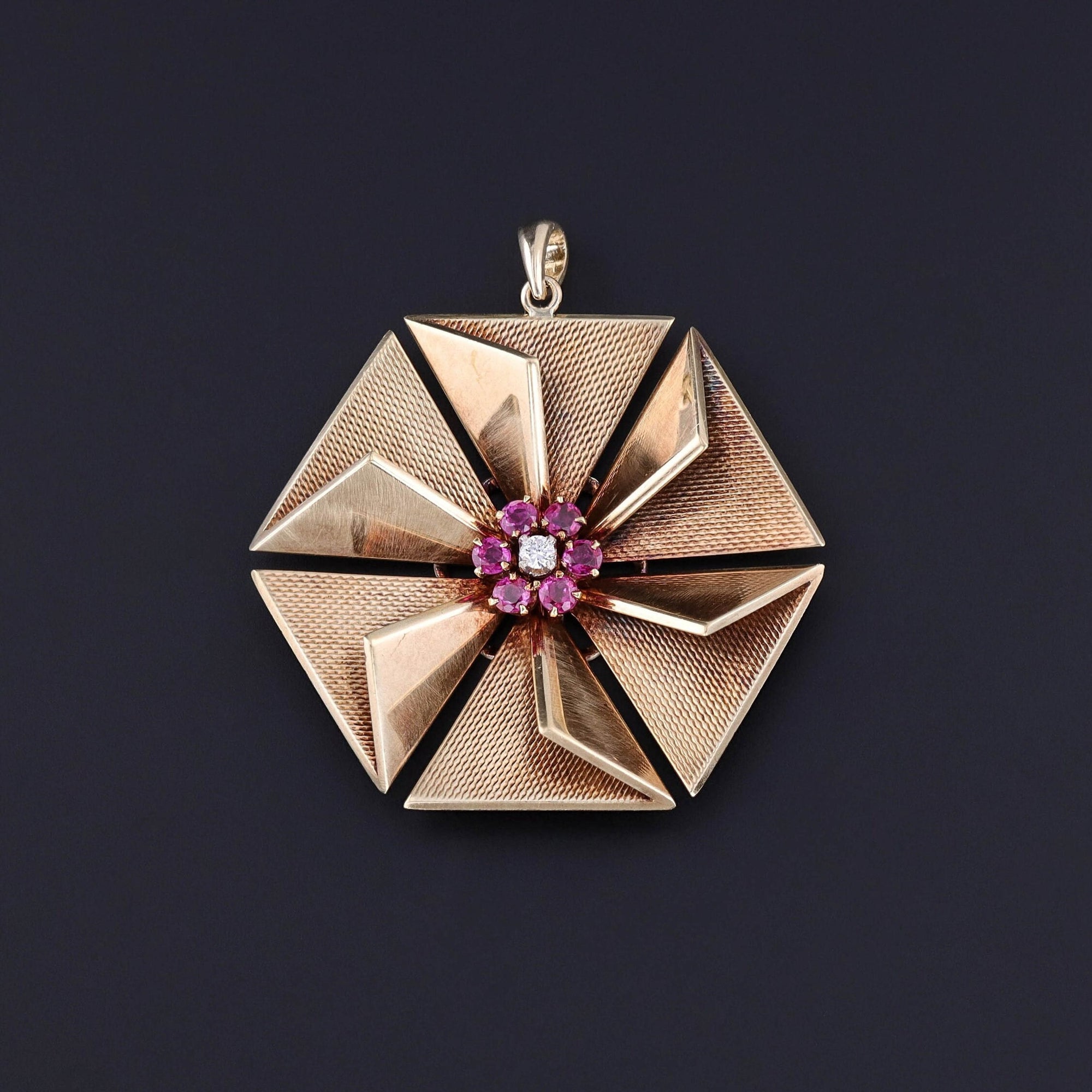 Retro Ruby & Diamond Pendant of 14k Gold