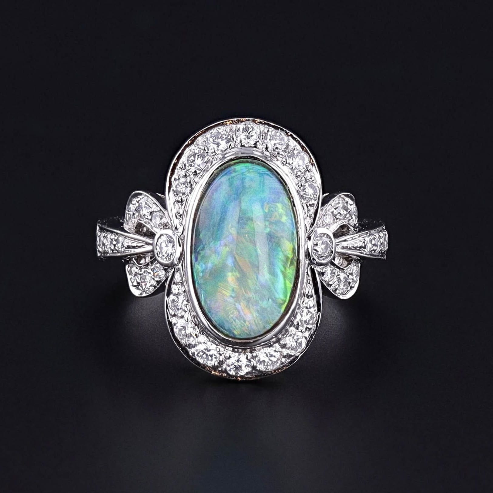 Semi Black Opal and Diamond Ring of 18k White Gold