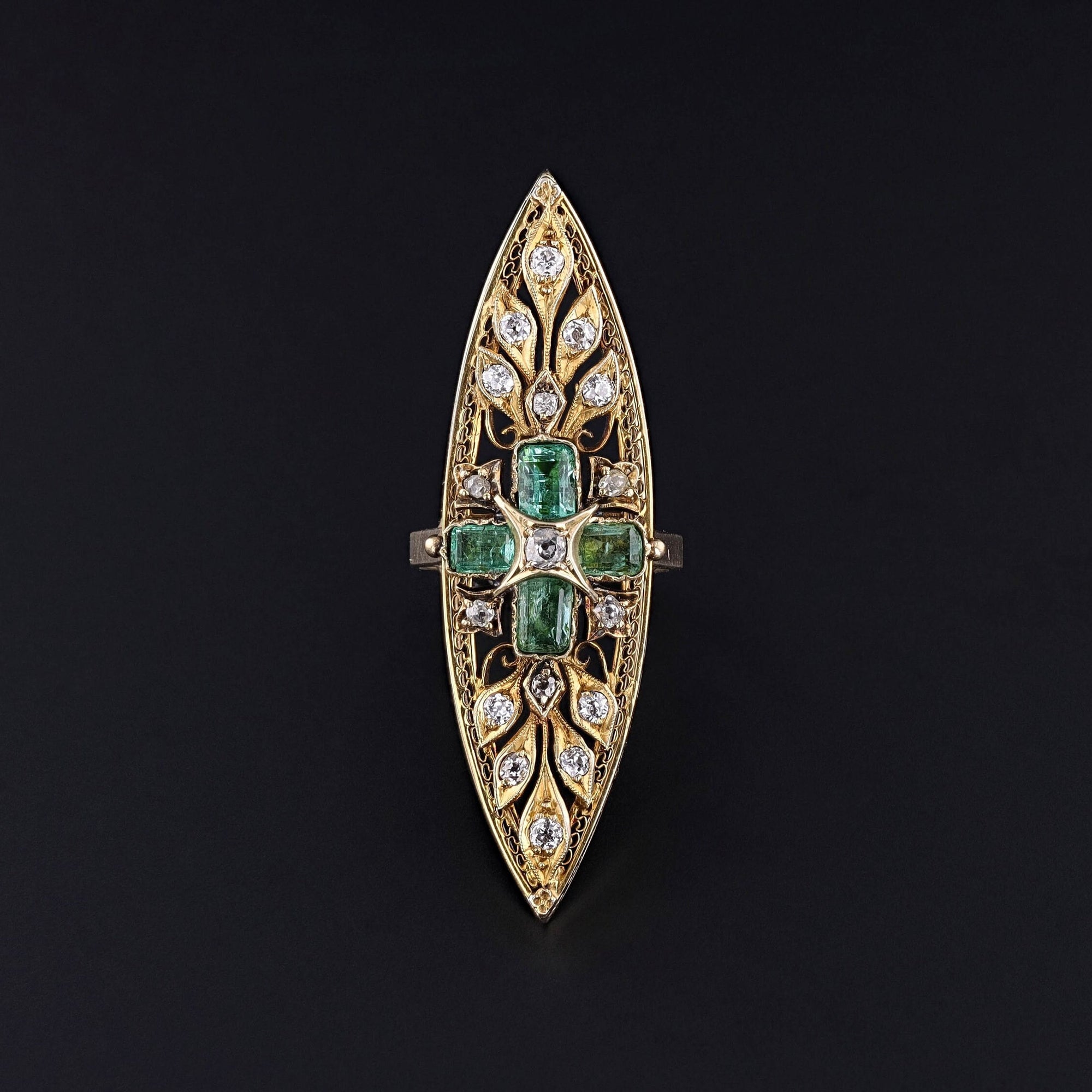 Antique Emerald and Diamond Navette Ring of 14k Gold