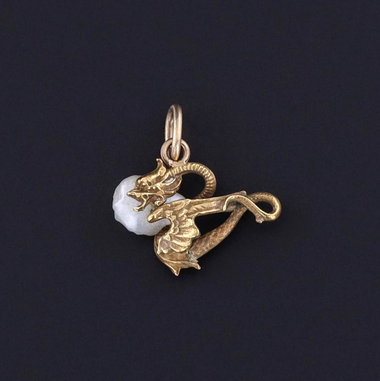 Antique Pearl Dragon Charm of 14k Gold