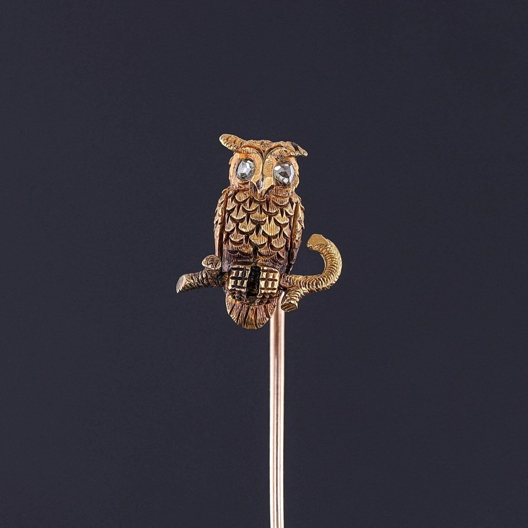 Antique owl stickpin dating to the late Victorian era. The pin is solid 14k gold and the owl has rose cut diamond eyes. It is fine men&#39;s jewelry or also for a woman. It can be worn on a lapel. A great gift for a jewelry collector.