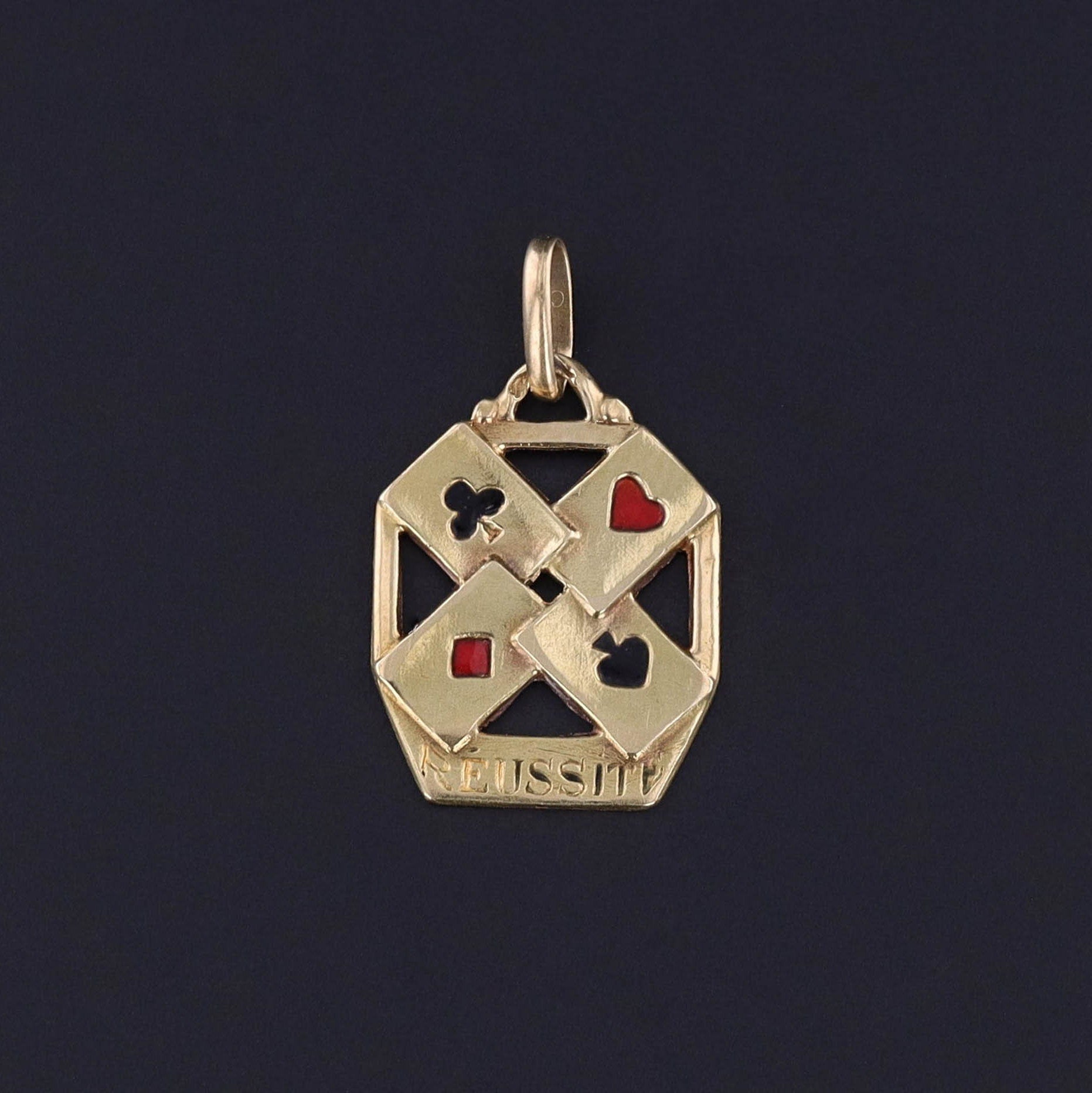 Vintage Playing Cards Charm: Embrace the vintage allure of this French 18k gold charm, featuring four playing cards accented with red and black enamel and inscription &#39;reussite&#39; (French for &#39;success&#39;).