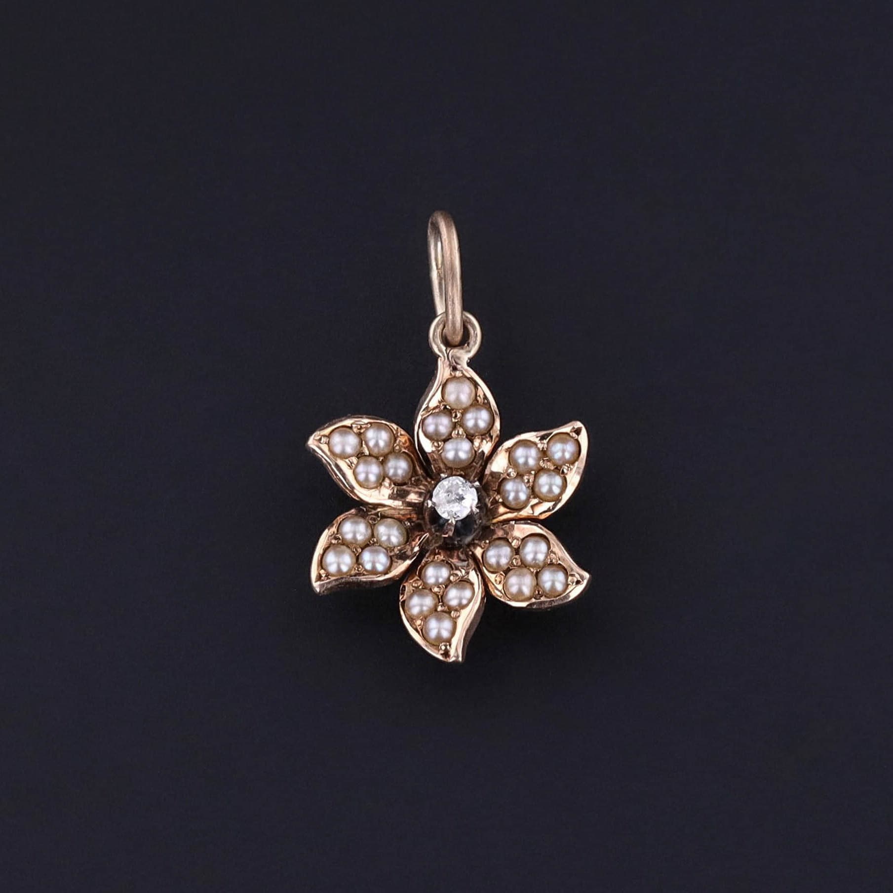 Antique Pearl and Diamond Flower Charm of 12ct Gold