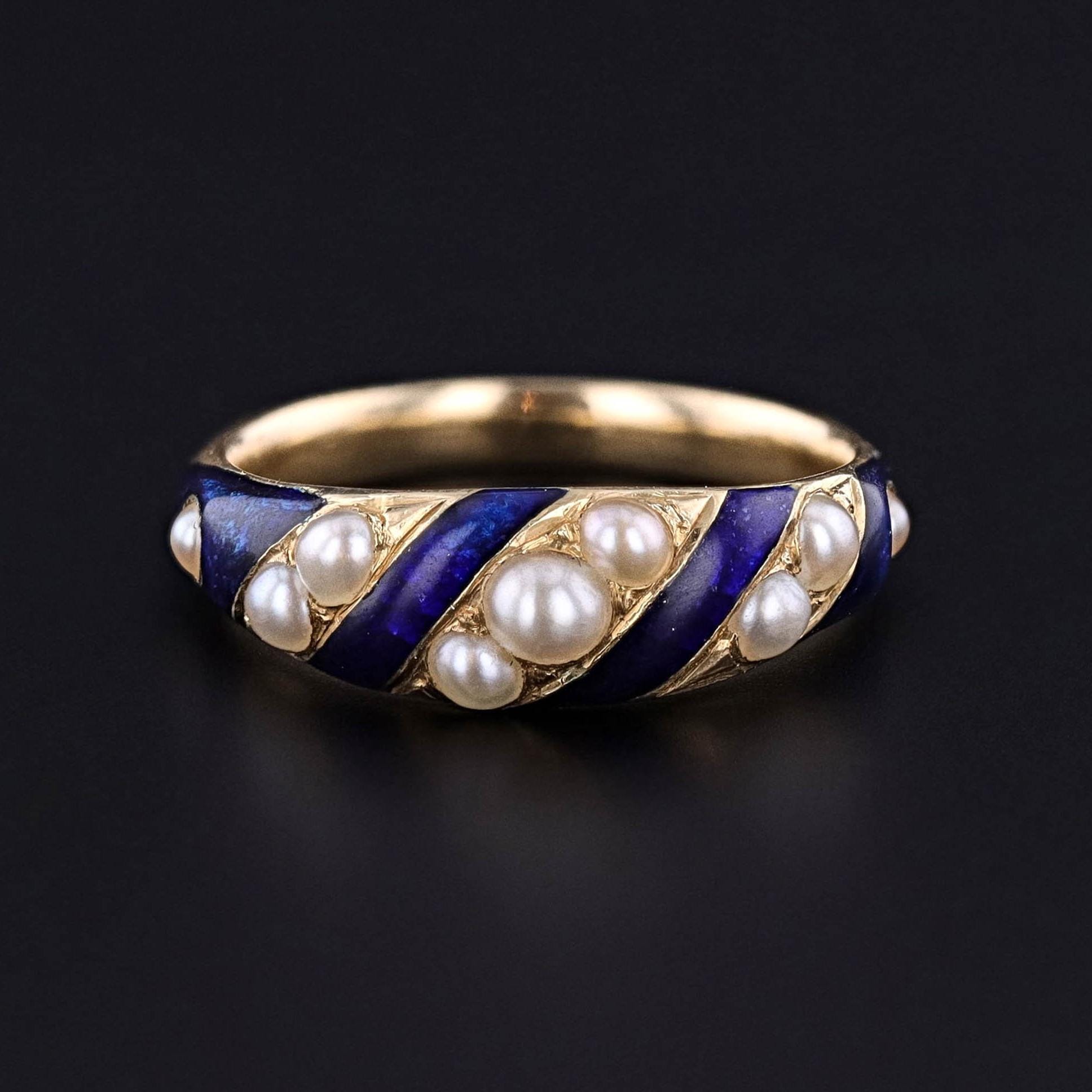 Antique Blue Enamel & Pearl Locket Ring of 18k Gold