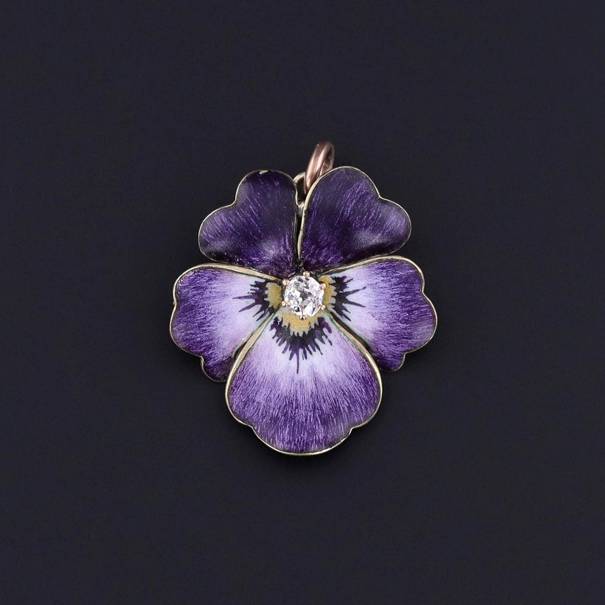 Vintage Enamel Pansy Pendant of 18k Gold