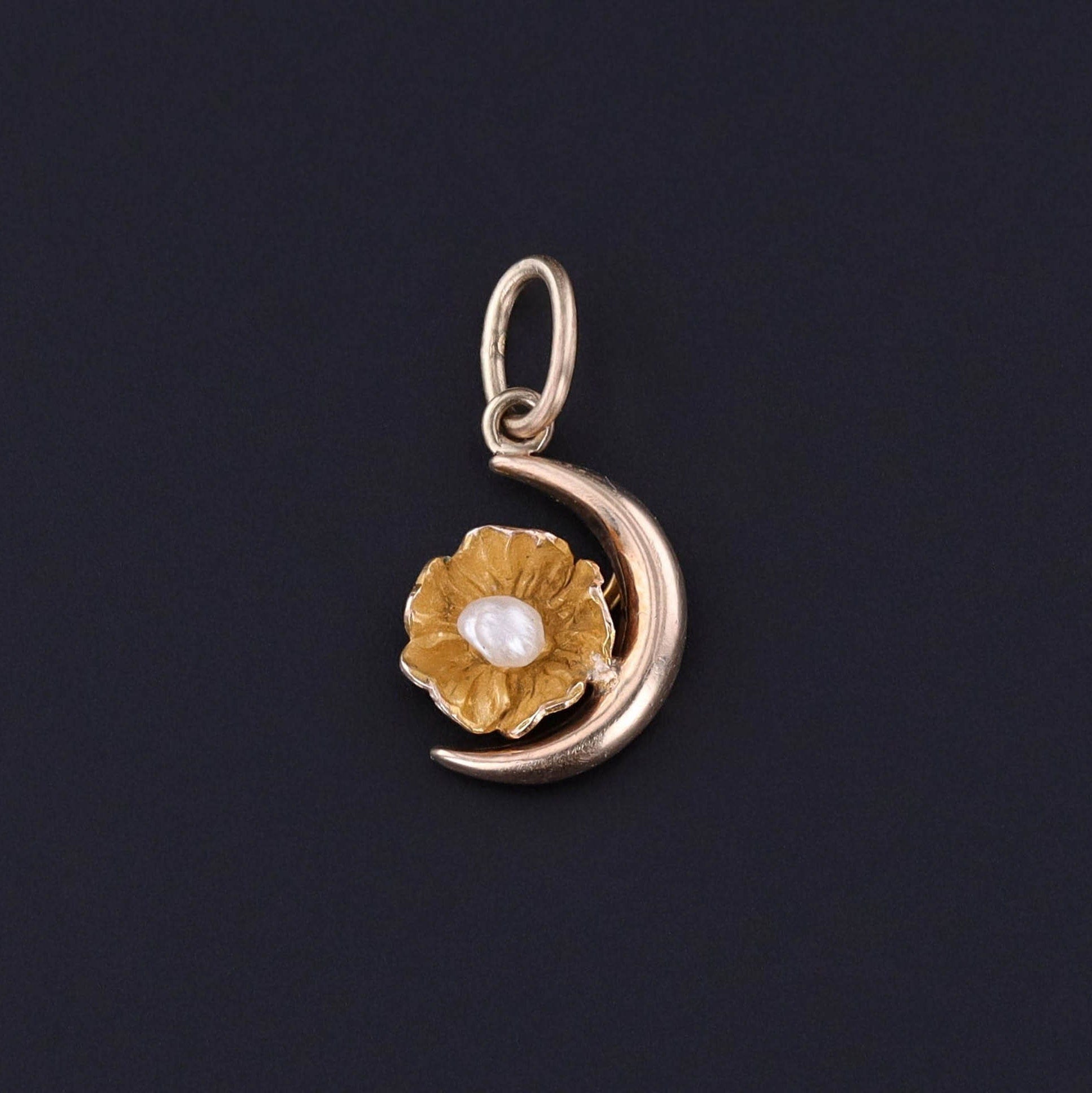 Antique Crescent Moon and Flower Charm of 10k Gold