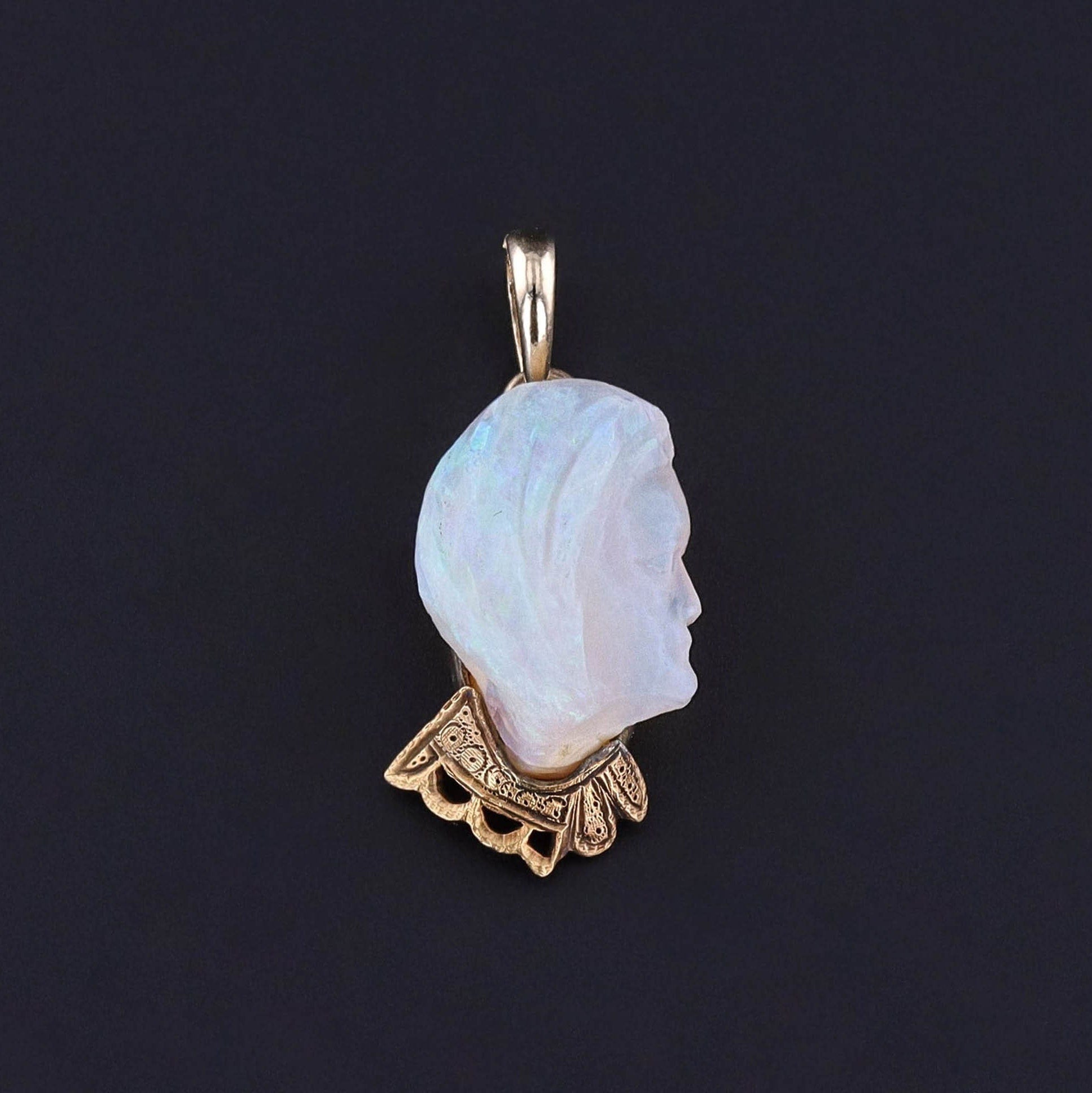 Antique Carved Opal Face Charm of 14k Gold