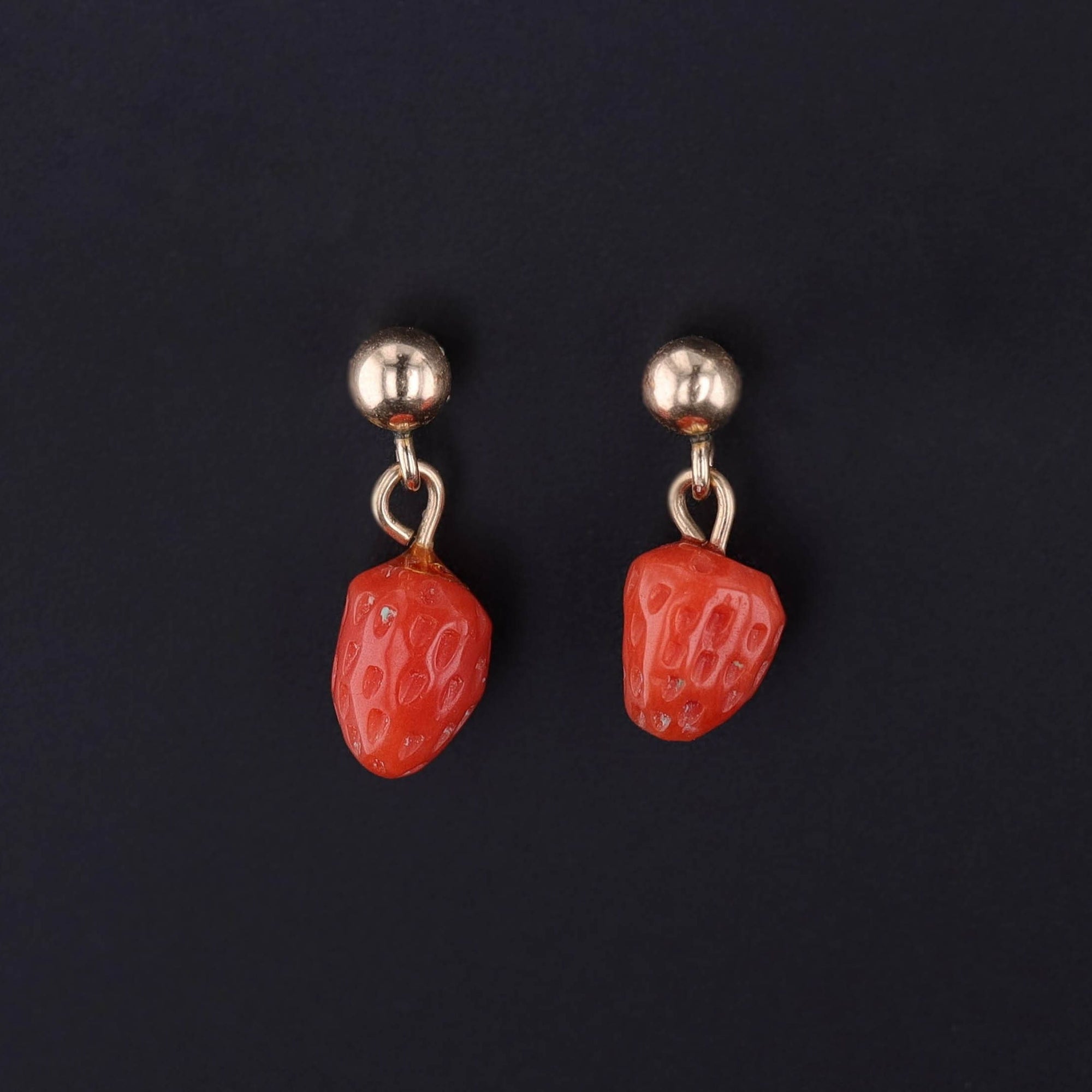 DROP ** Vintage Coral Strawberry Earrings of 14k Gold