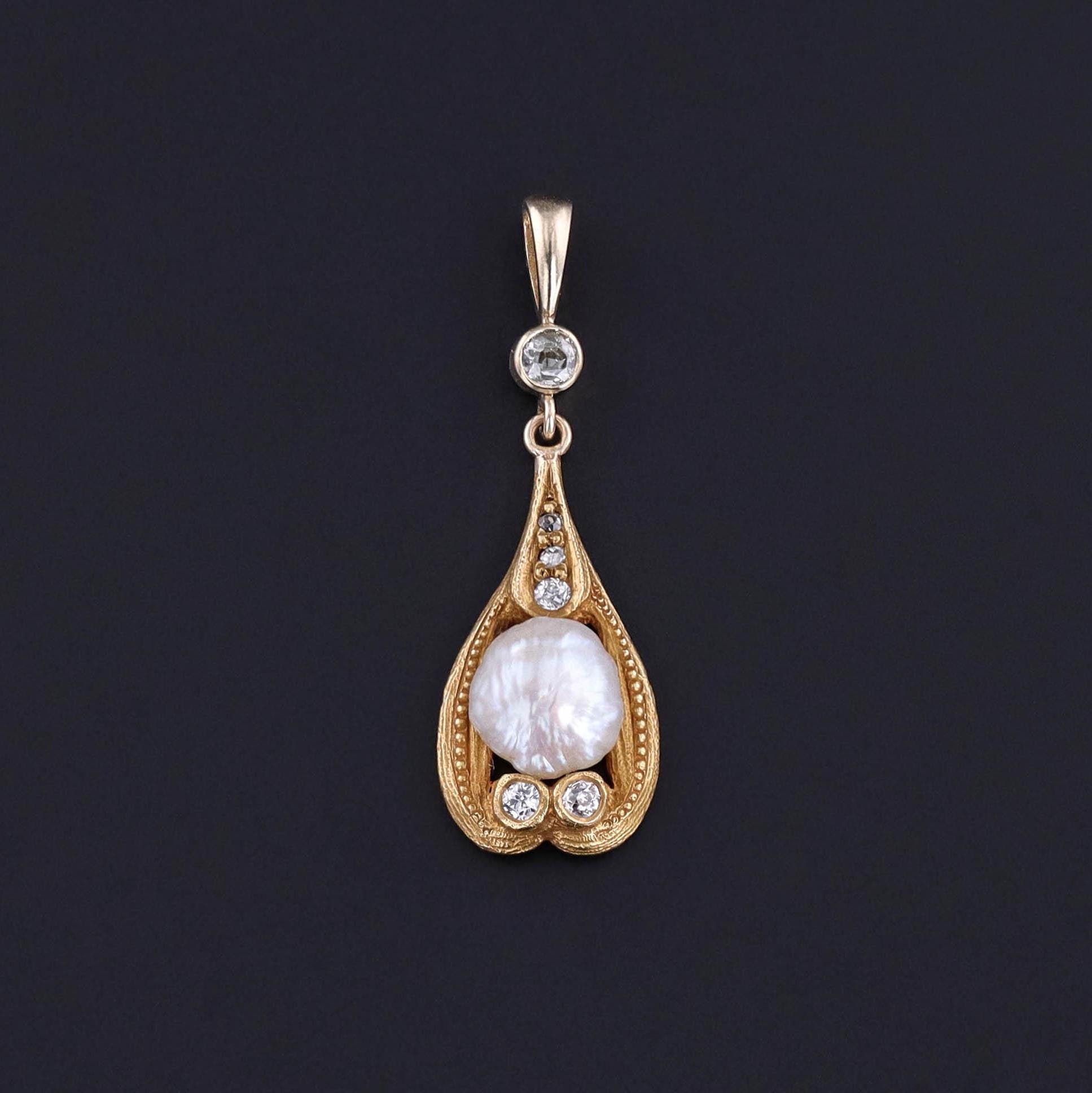 Antique Pearl and Diamond Pendant of 14k Gold