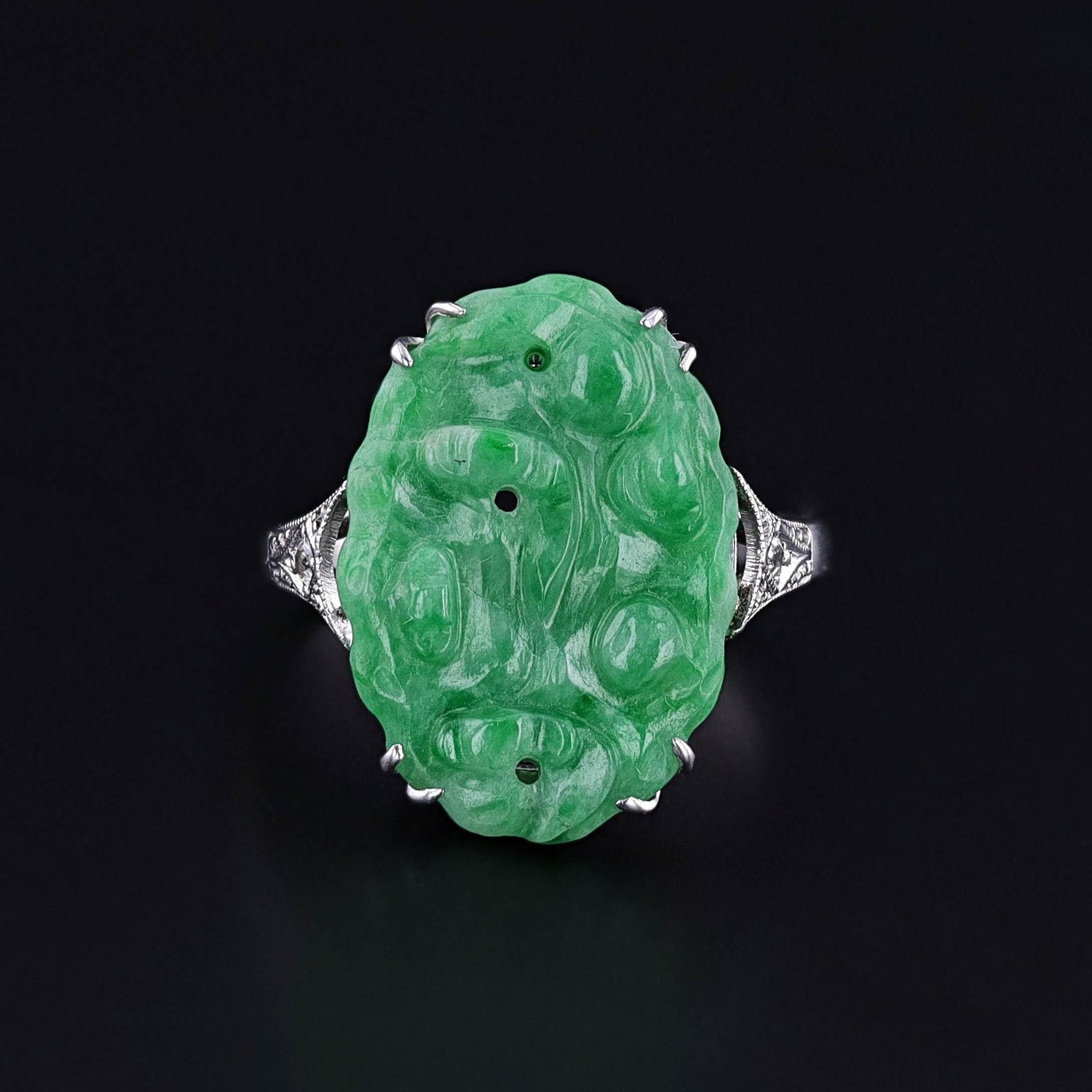 Art Deco Jade & Diamond Ring of 9ct White Gold