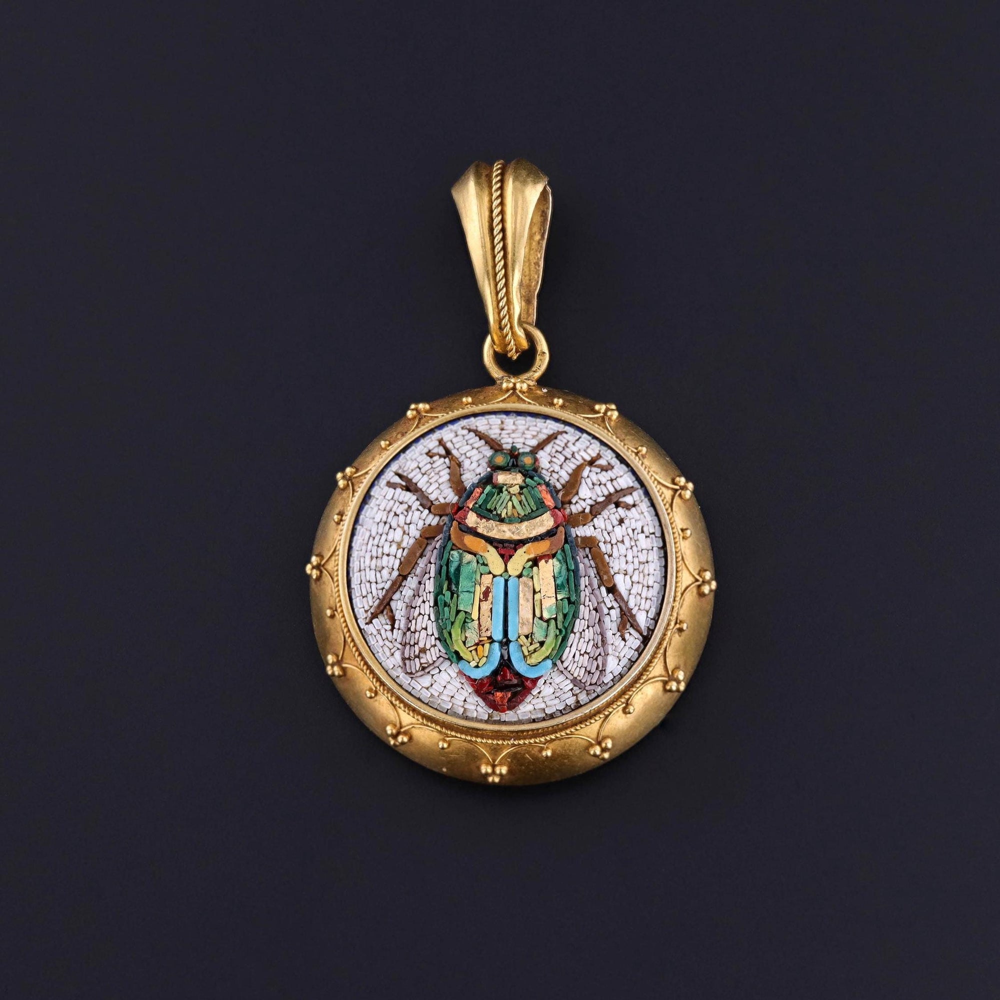 DROP *** Antique Micromosaic Scarab Locket of 14k Gold