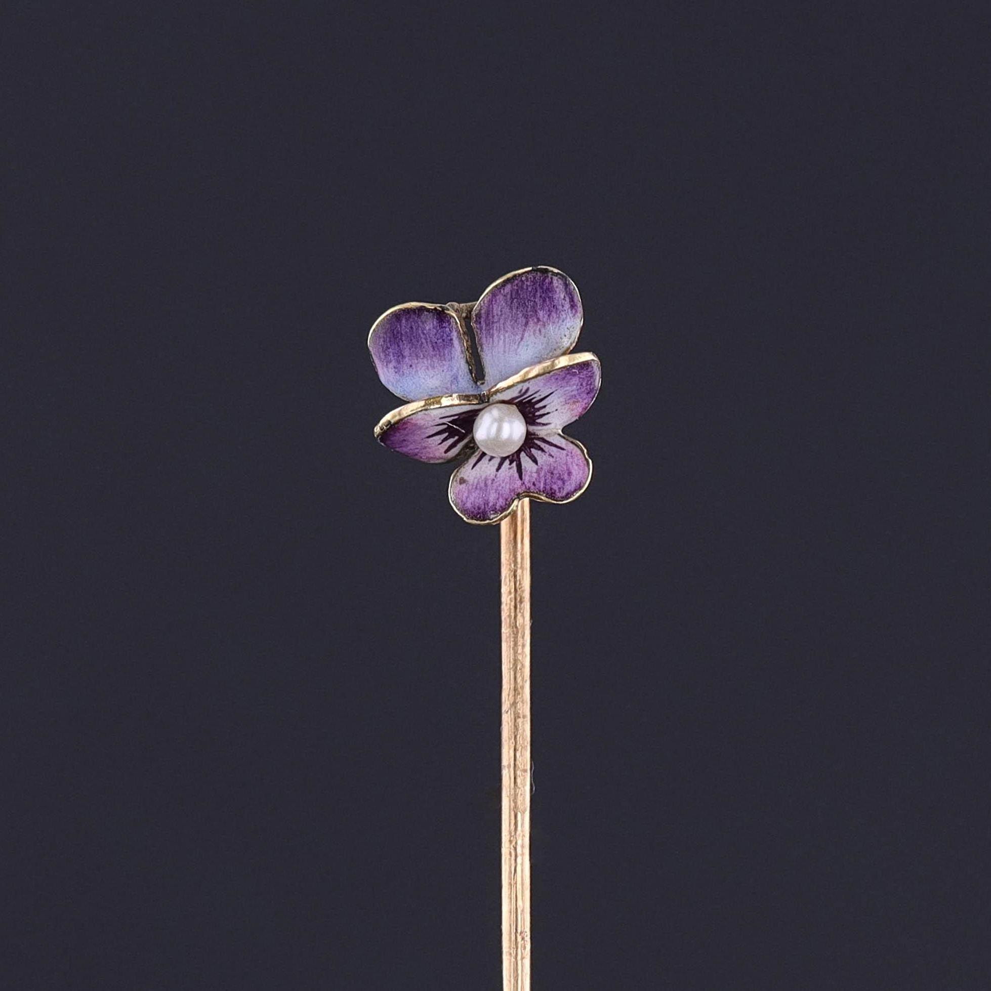 Antique Enamel Pansy Stickpin of 14k Gold