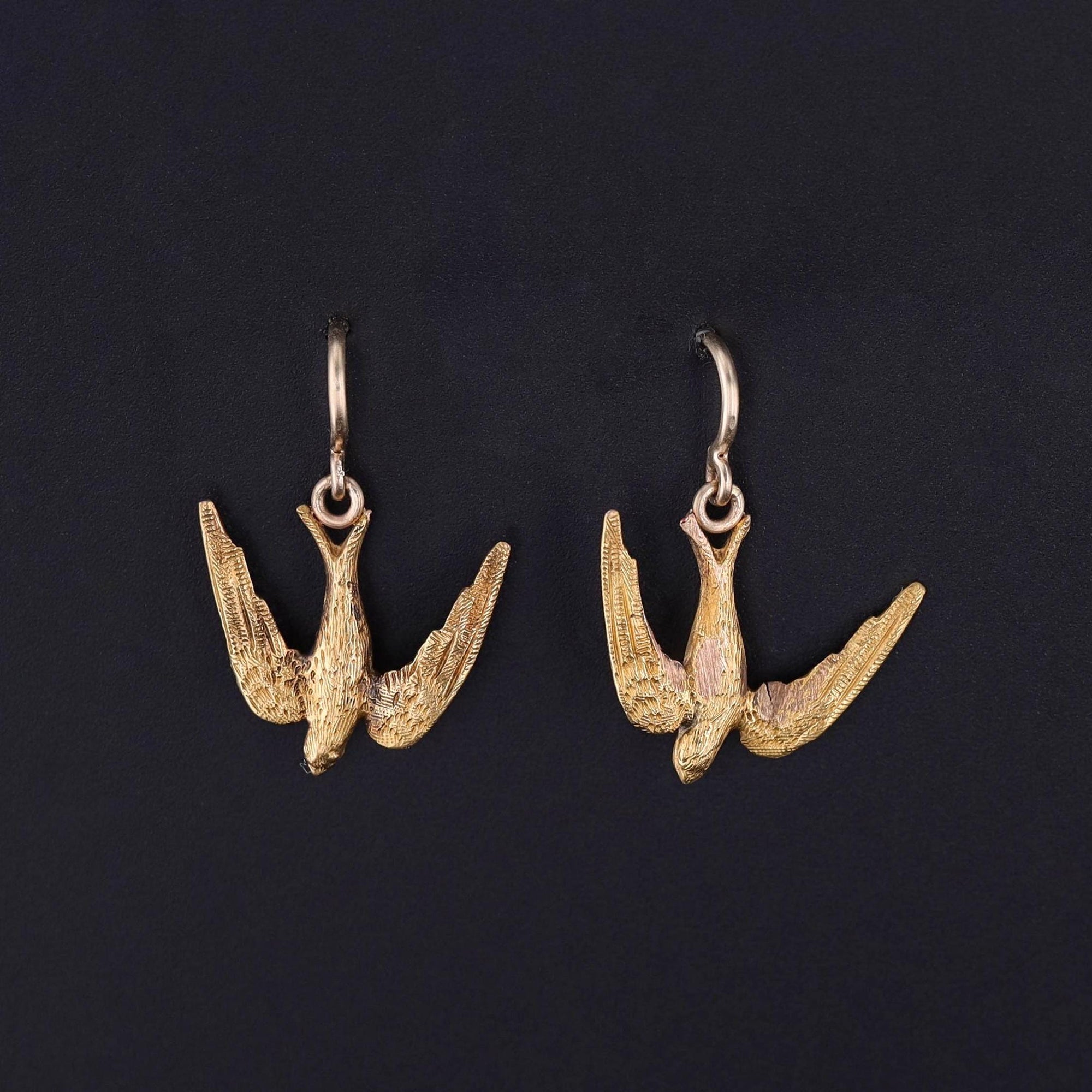 DROP ** Antique Swallow Bird Earrings of 14k Gold