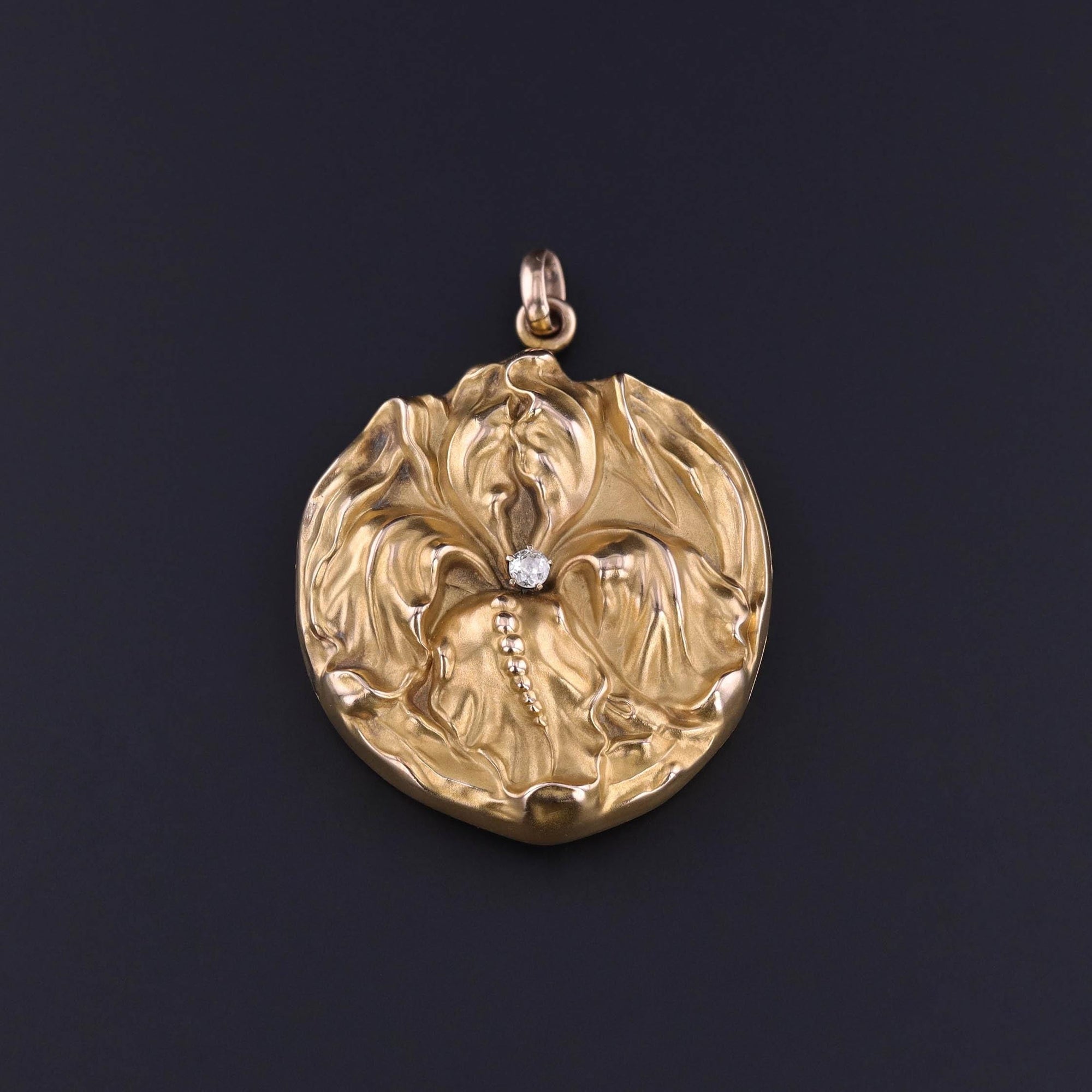 Antique Iris Flower Locket of 10k Gold