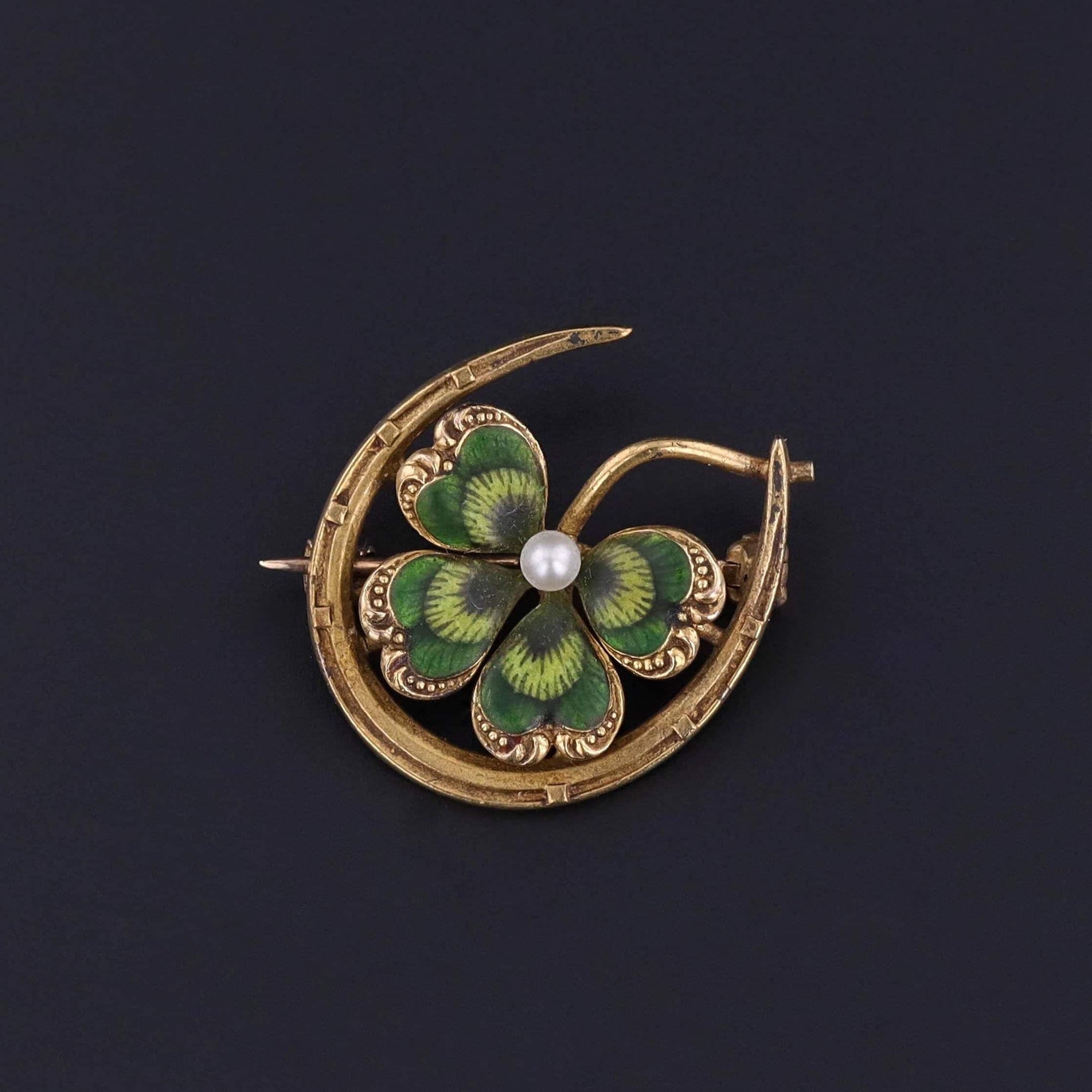 Antique Enamel Clover Brooch of 14k Gold by Krementz