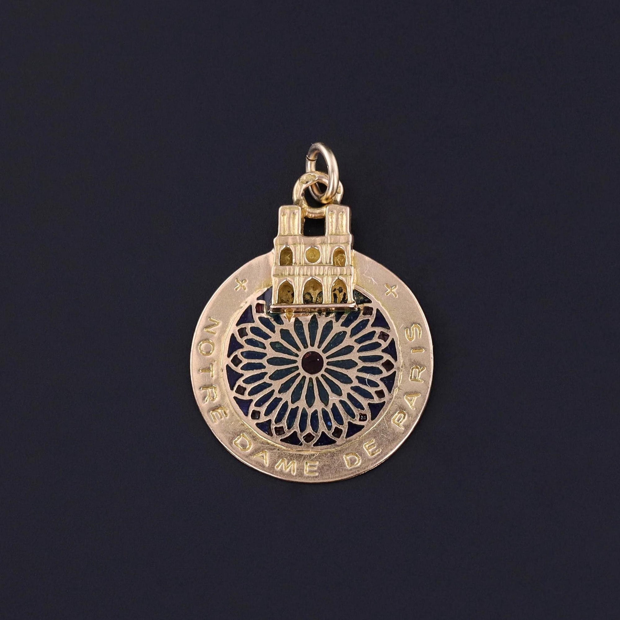 Vintage Notre Dame Pendant Plique a Jour Pendant of 18k Gold