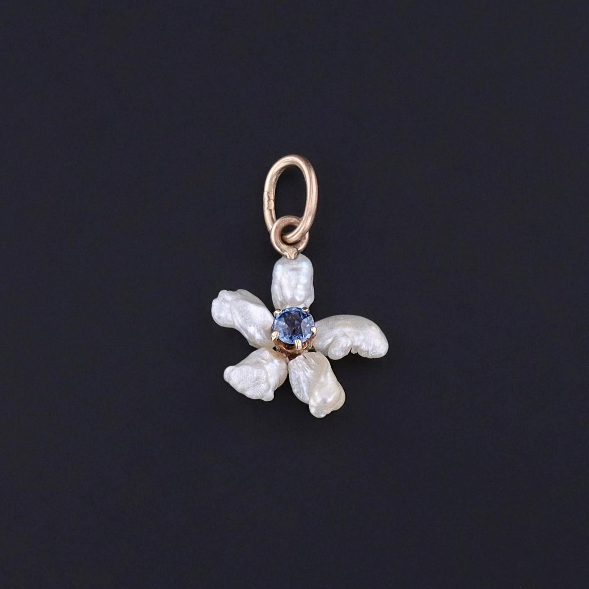 Antique Sapphire and Pearl Daisy Charm of 14k Gold