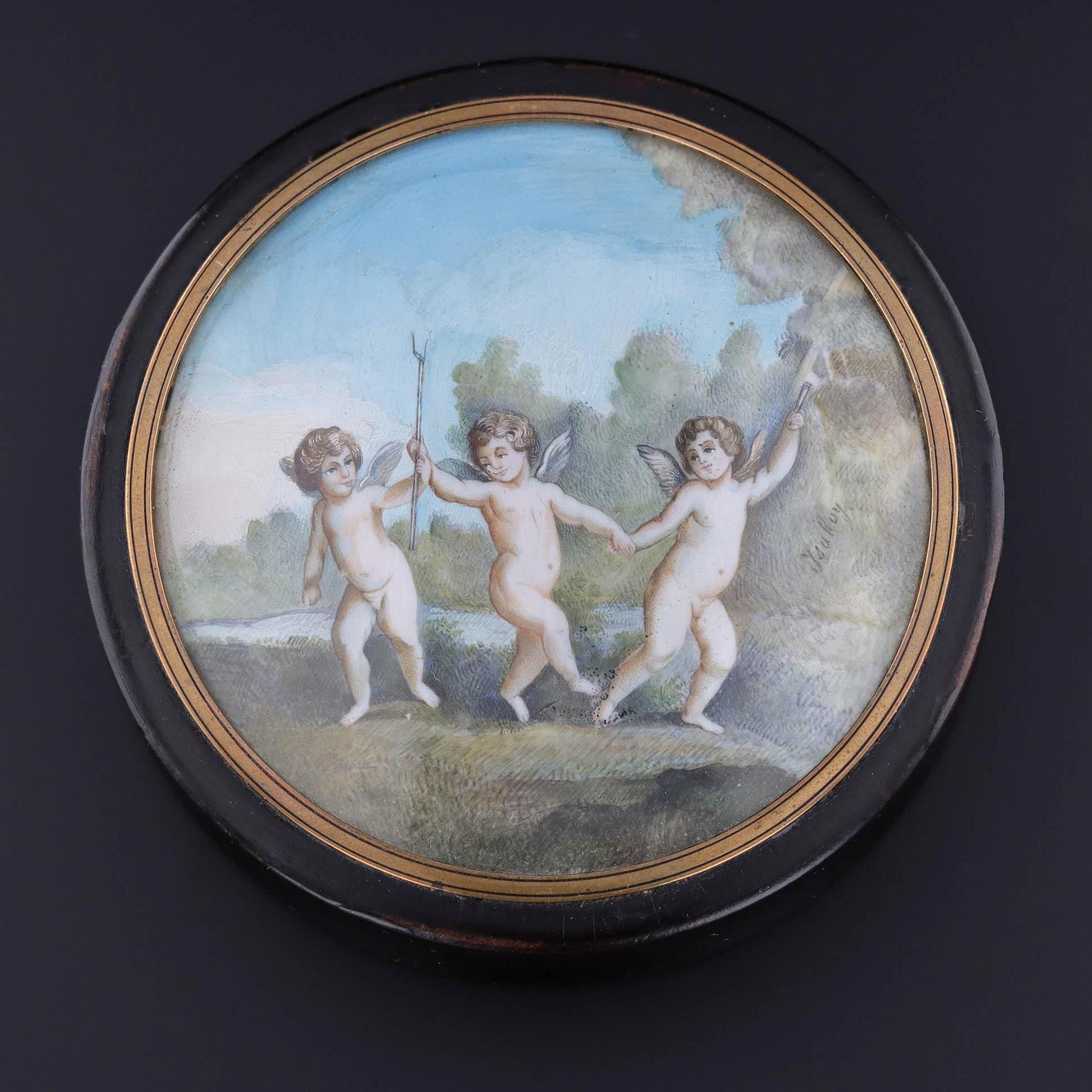 Antique Miniature Cherub Painting on Snuff Box