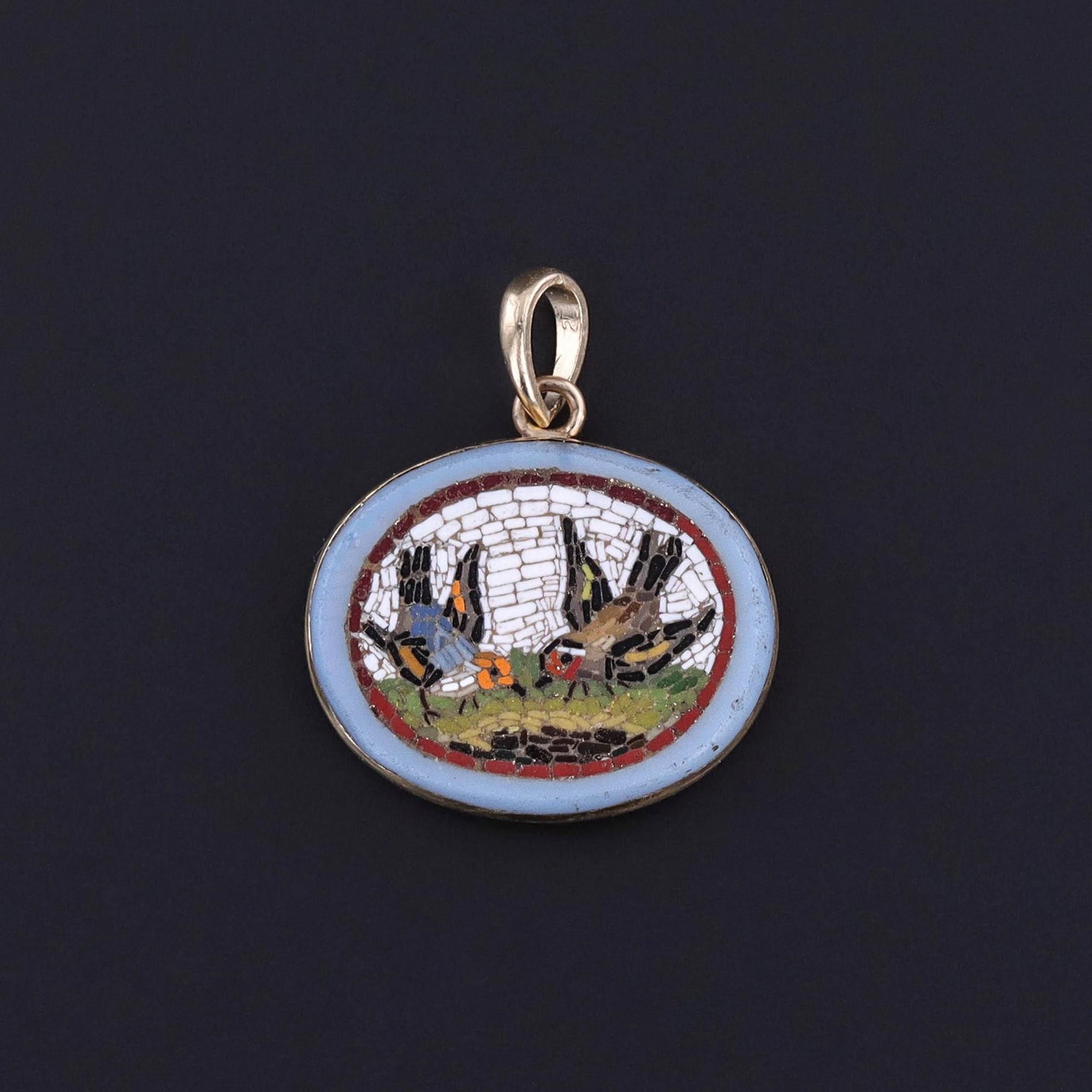 Antique Micromosaic Bird Pendant of 14k Gold