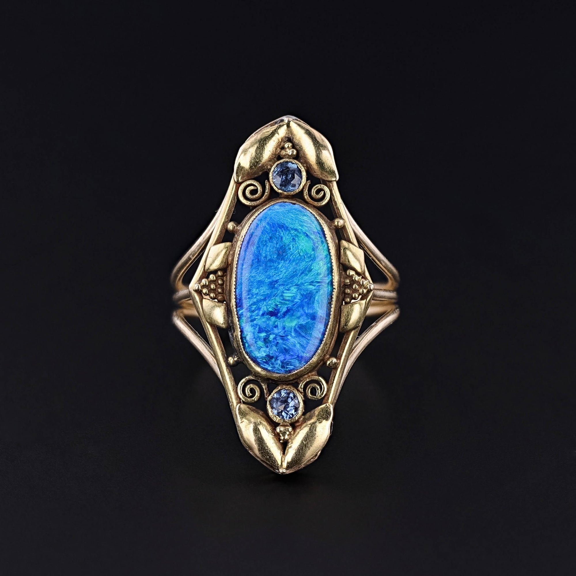 DROP ** Antique Black Opal Ring of 14k and 18k Gold