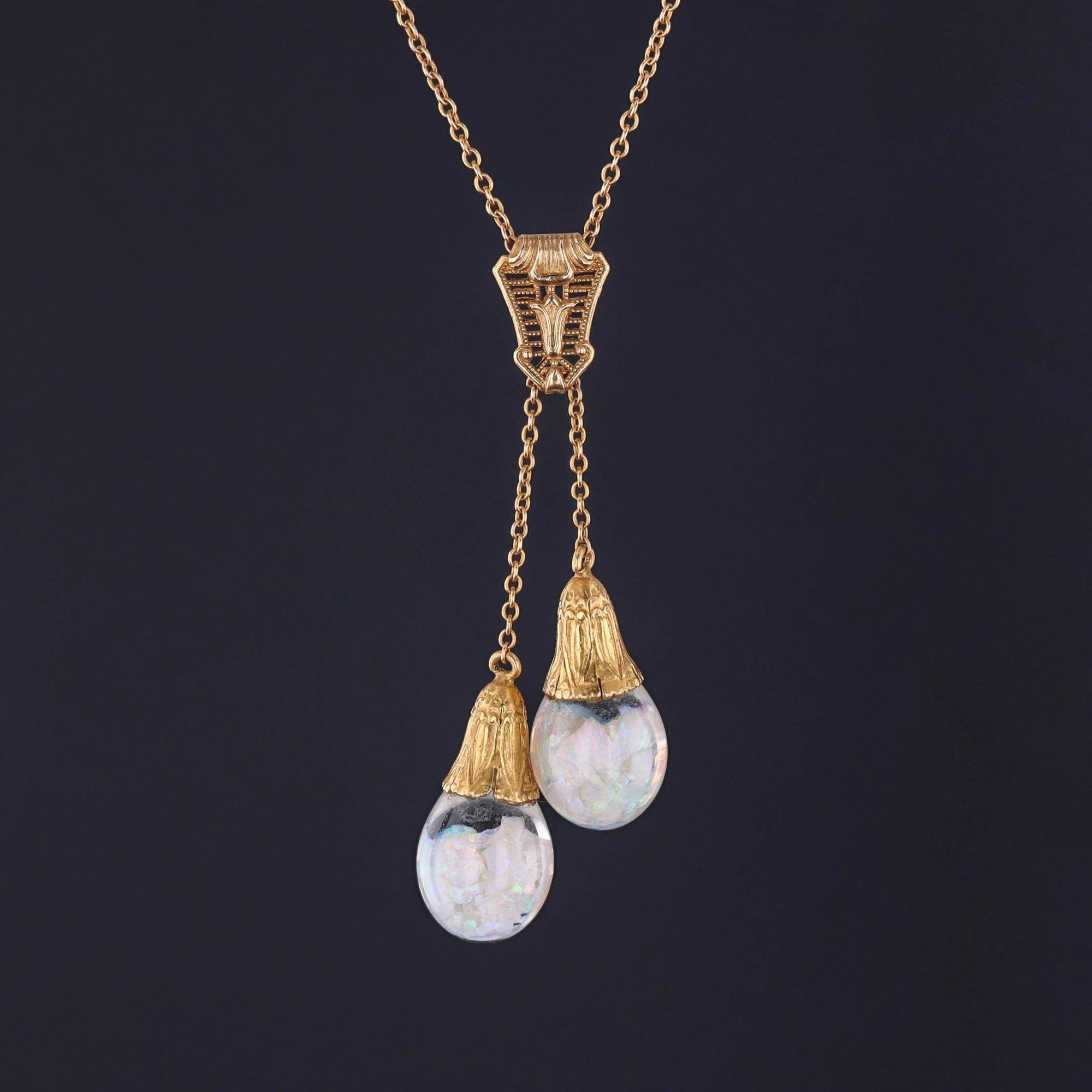 DROP ** Art Deco Floating Opal Necklace of 14k Gold