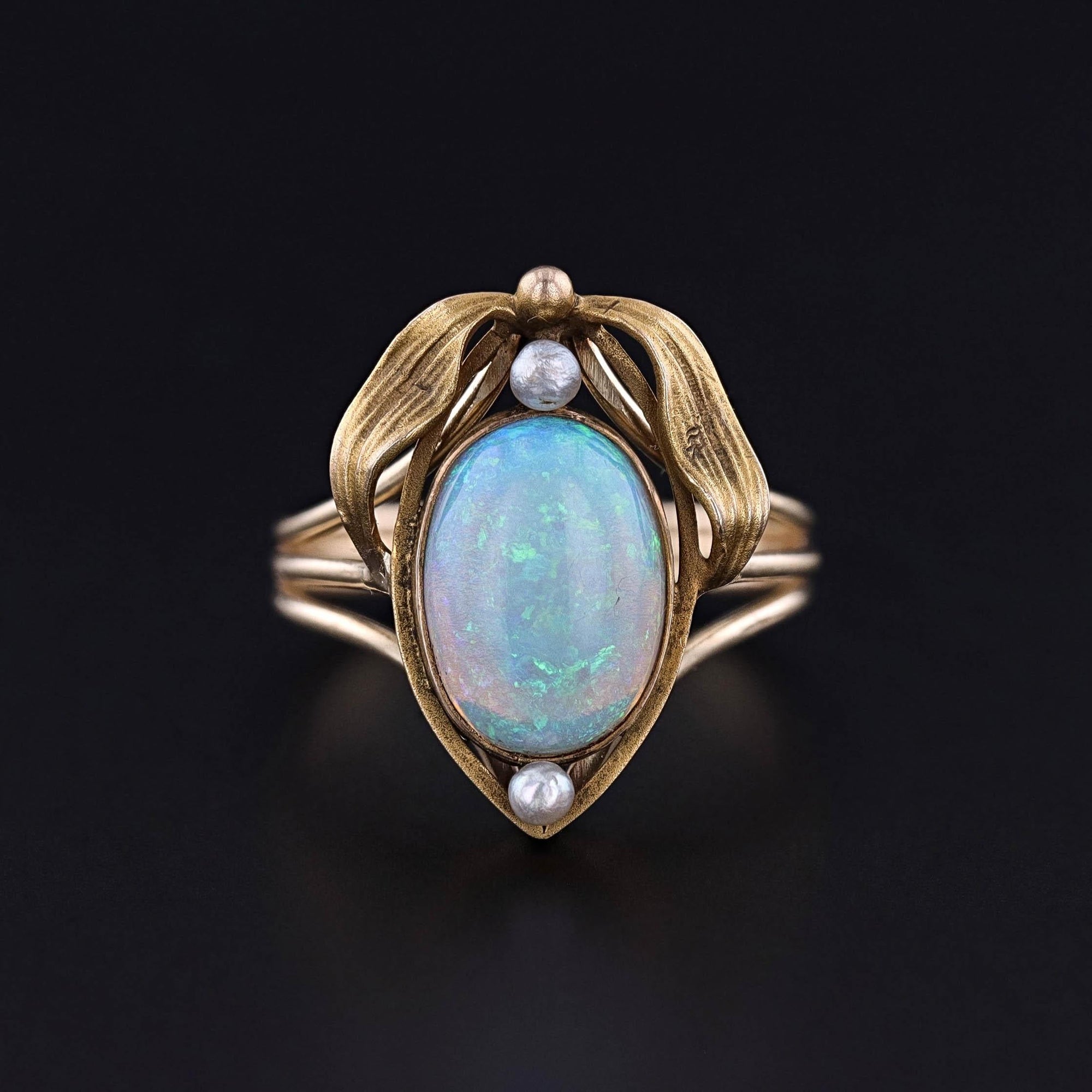 DROP ** Antique Opal and Pearl Ring of 14k Gold