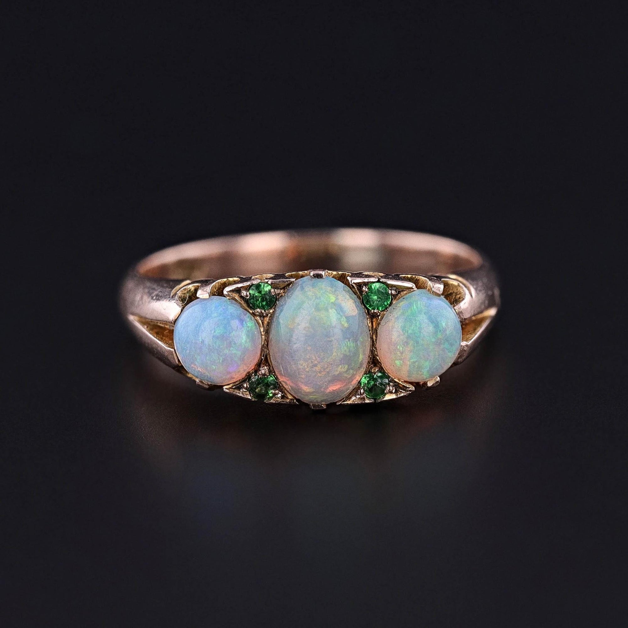 DROP ** Antique Opal and Green Garnet Ring of 9ct Gold