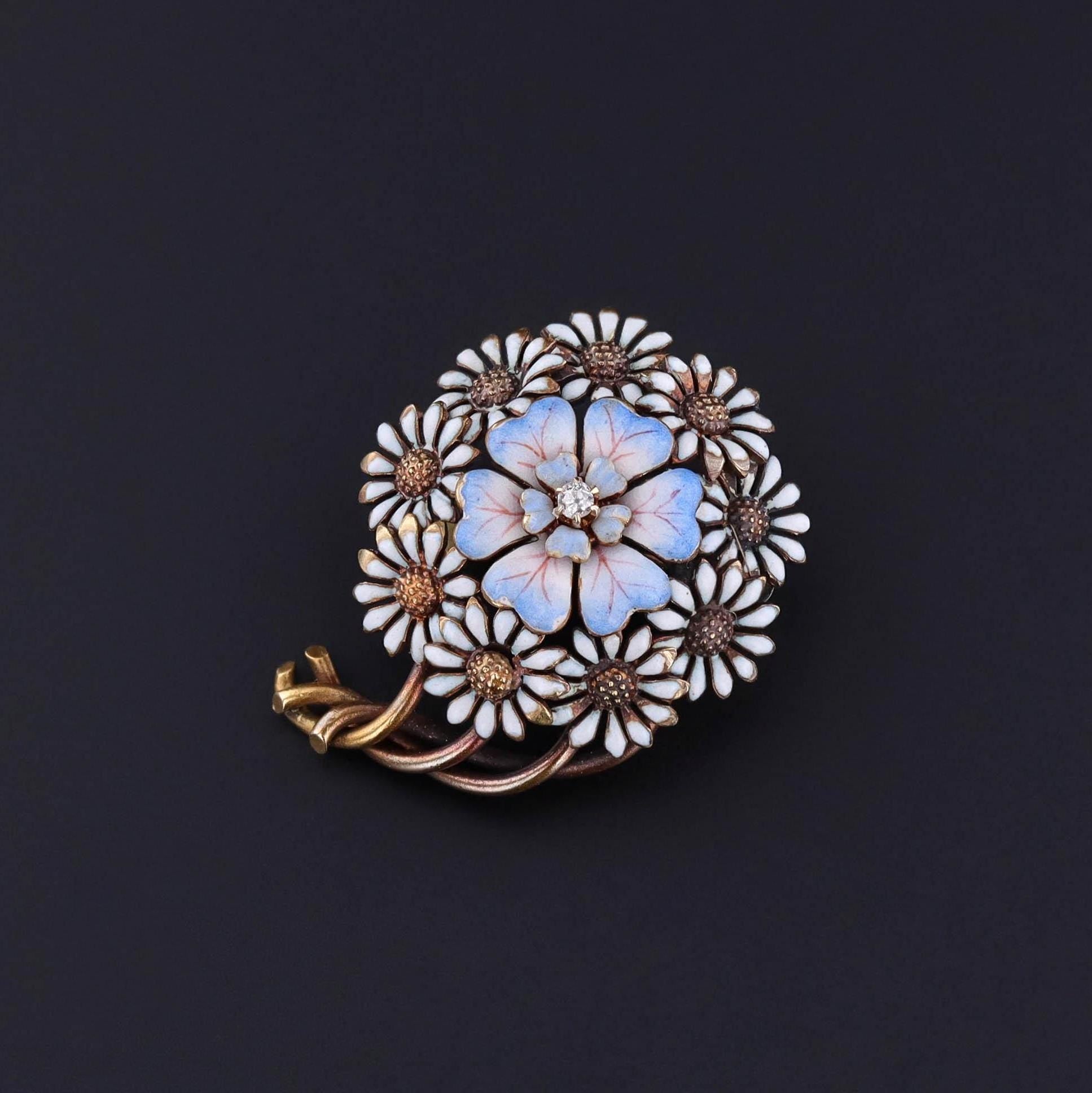 Antique Enamel Flower Brooch of 14k Gold