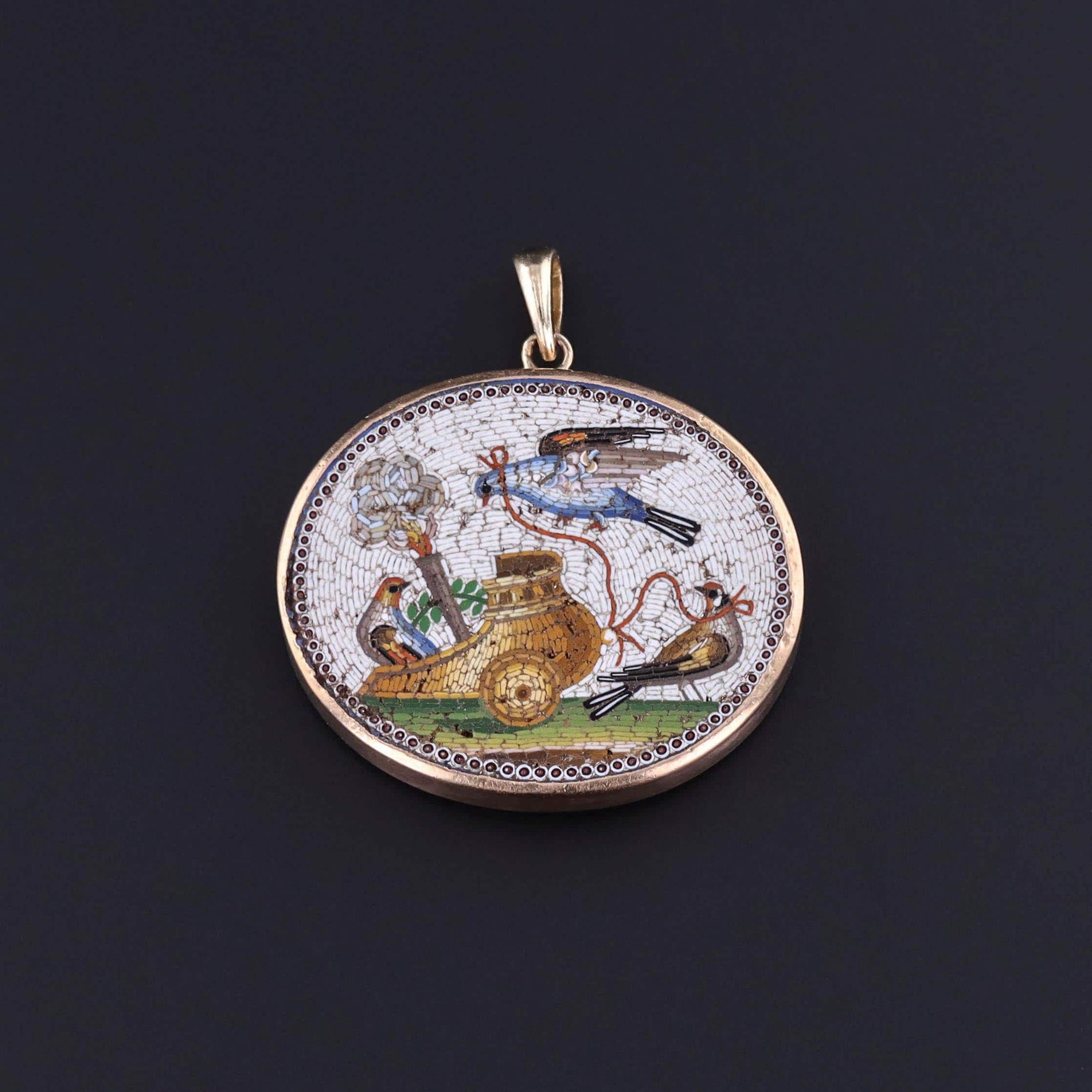 Antique Micromosaic Bird Pendant of 14k Gold