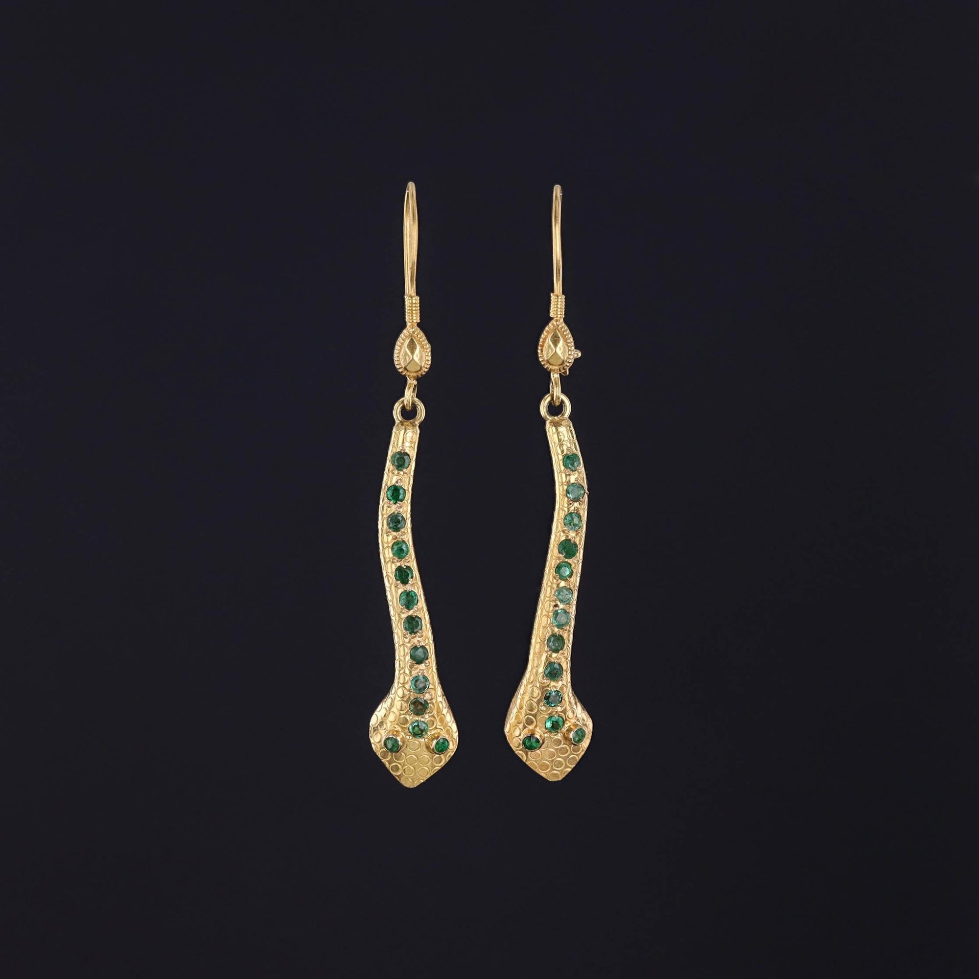 Vintage Emerald Snake Earrings of 18k Gold